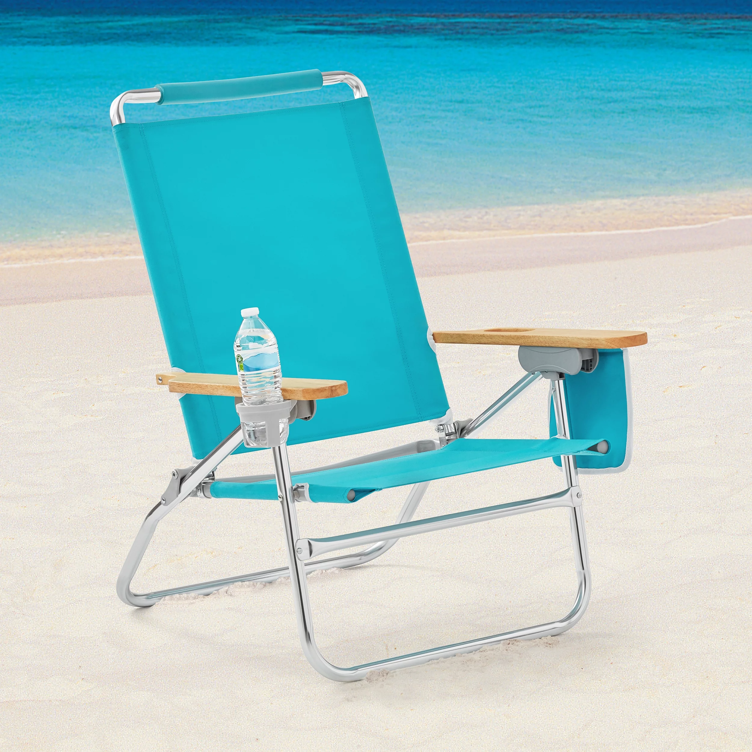 2-Pack Mainstays Wood Arm Reclining Comfort Height Beach Chair, Teal