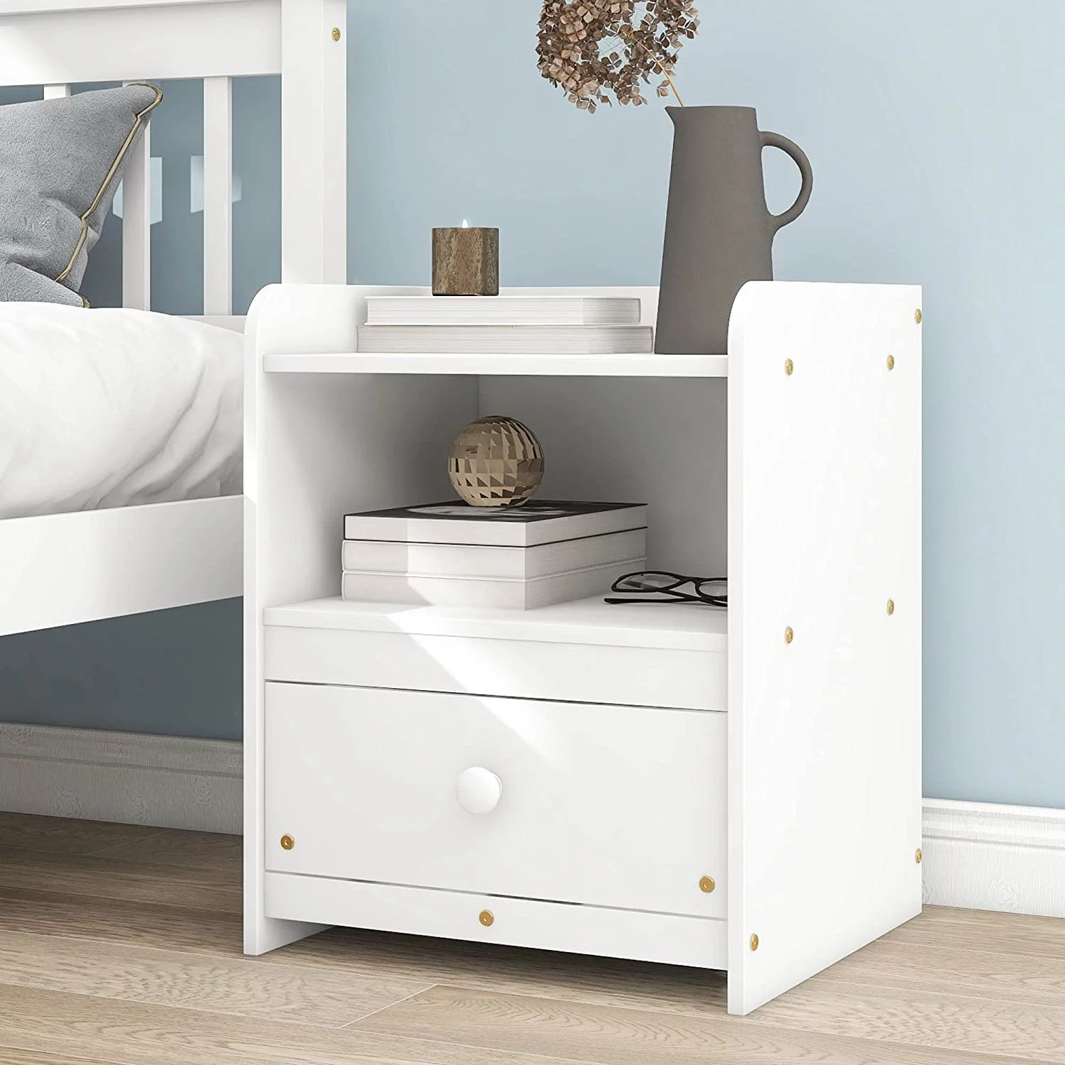 Full Bed Frame with Nightstand Full Size Bed Frame for Kids, Teens, Adults with Slats, Headboard & Footboard, Wood Full Size Platform Bed for Bedroom Small Living Space, No Box Spring Needed-White