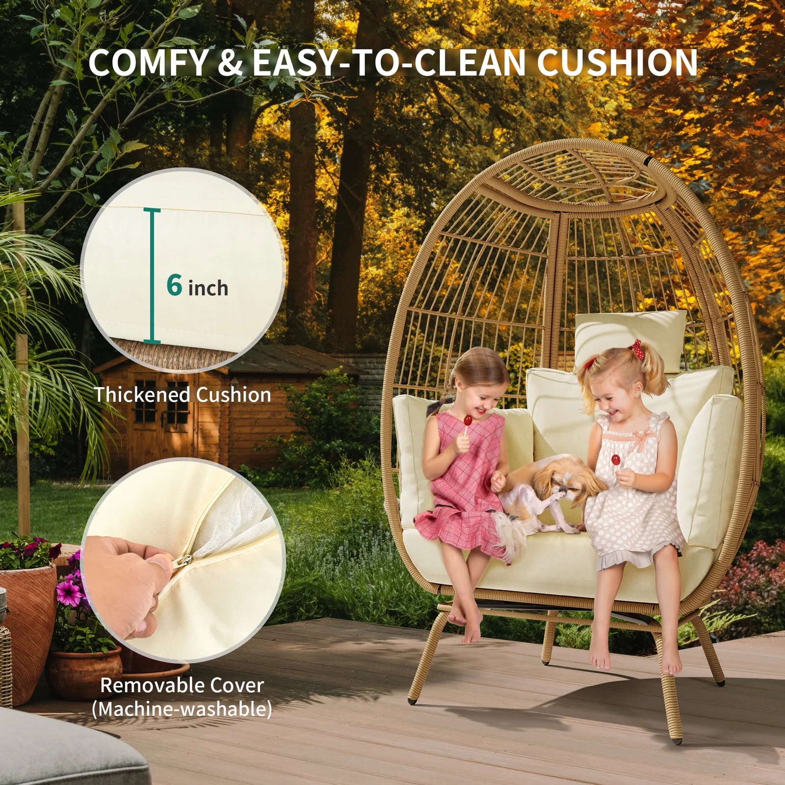 Dextrus Wicker Egg Chair Outdoor Indoor Oversized Lounger with Stand and Cushions Egg Basket Chair for Patio Backyard Porch - Beige