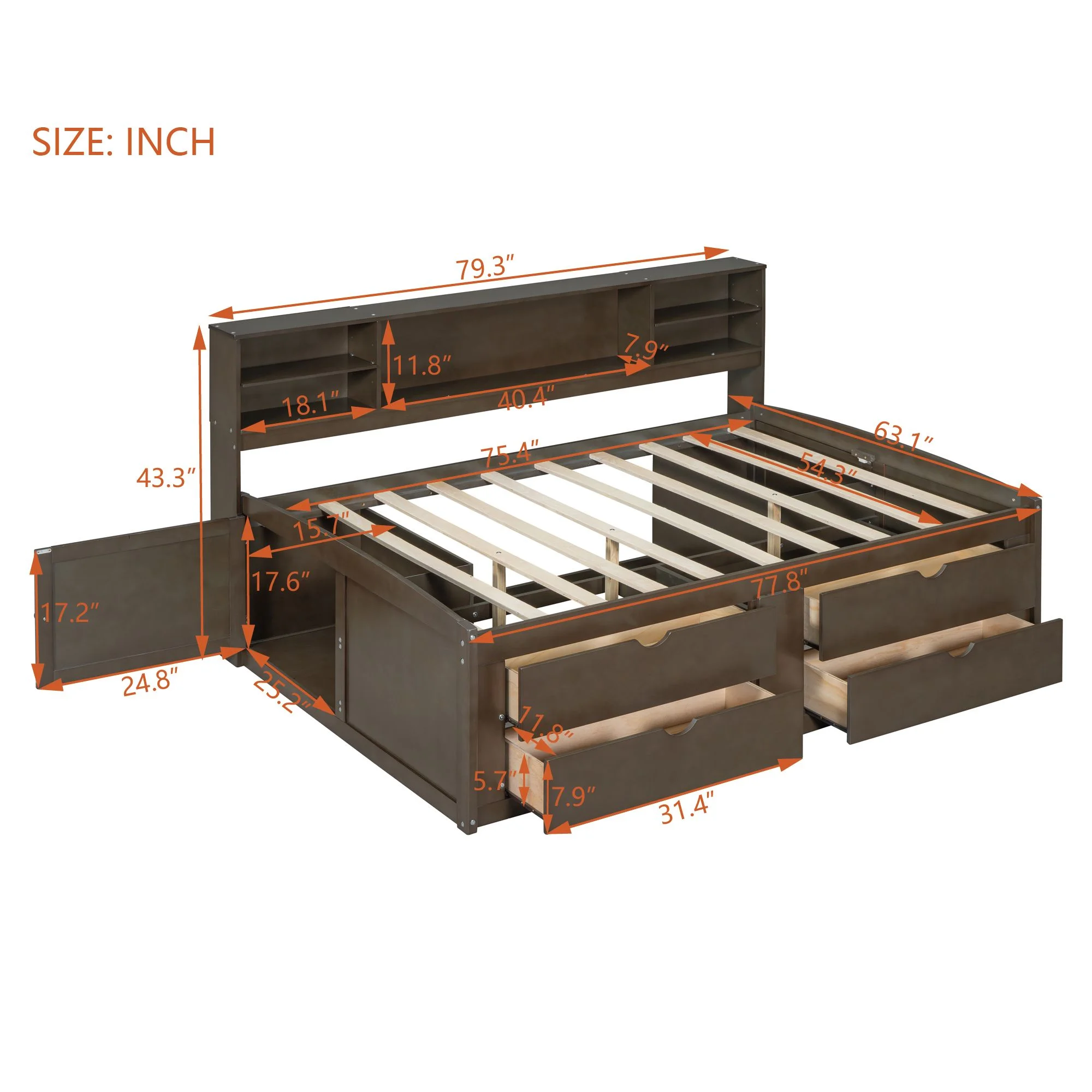 Full Size Solid Wood Bed Frame with 2 Bedside Cabinets, Upper Shelves and 4 Drawers, Platform Bed Frame, Mid Century Bedframe, Wood Daybed, Wood Foundation(Brown, Full)