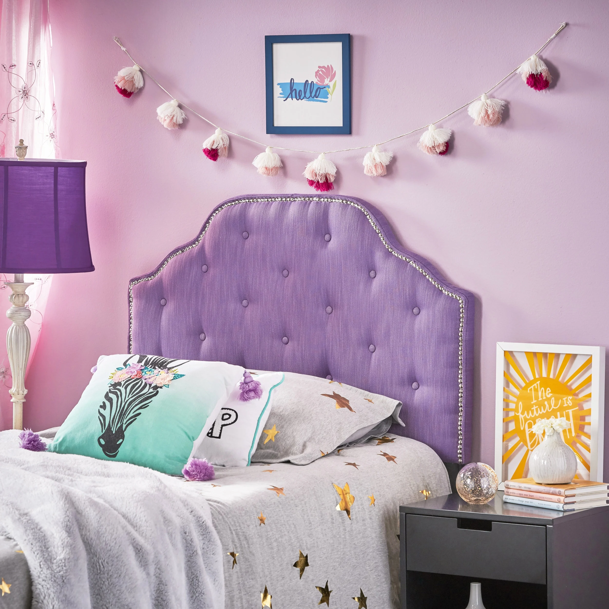 Noble House Kathleen Twin Fabric Tufted Kid's Headboard, Light Purple