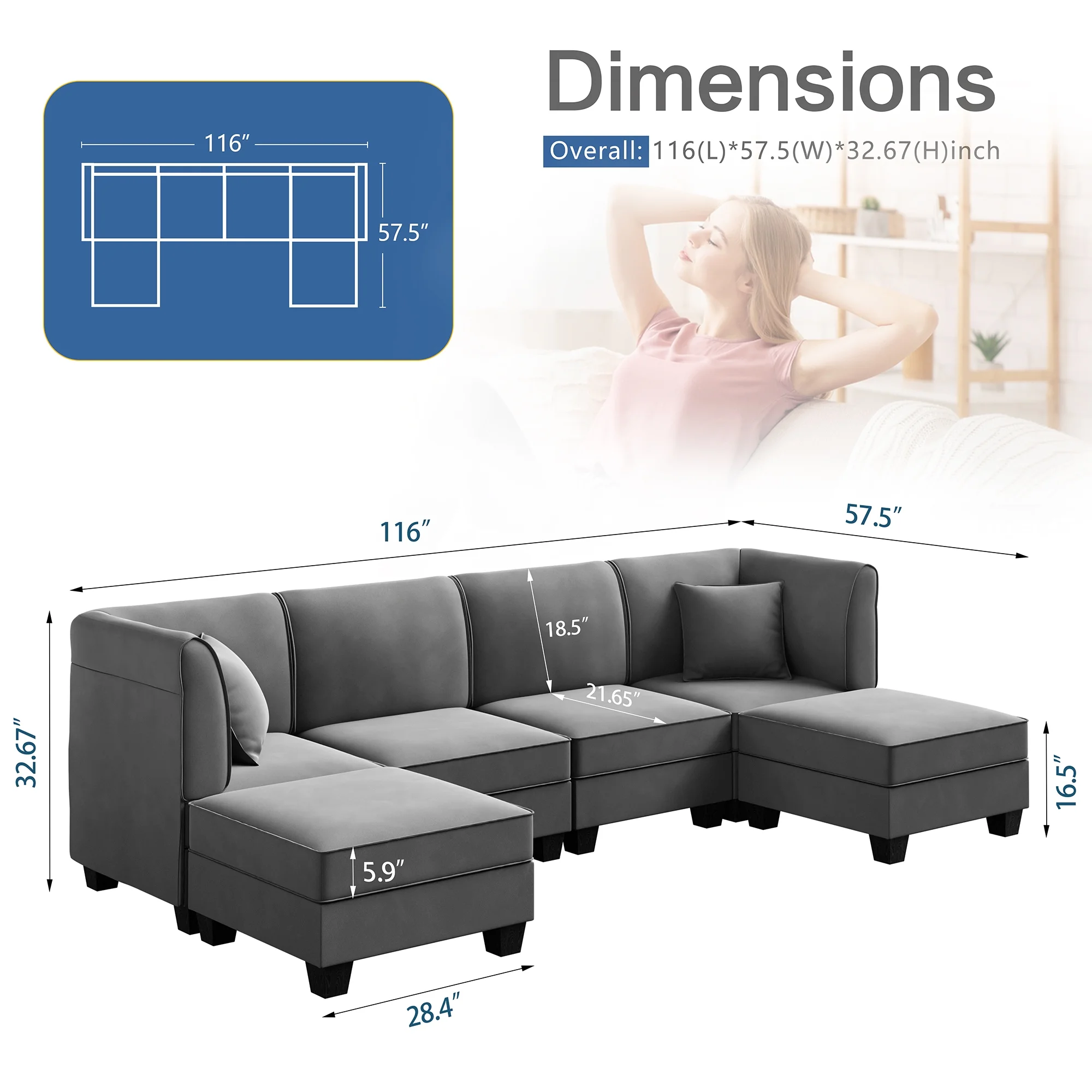 Walsunny Modular Sectional Sofa with Reversible Chaise, U-Shape Convertible Sectional Walsunny Couch with 6 Seats, Velvet Modern Sleeper with Ottomans