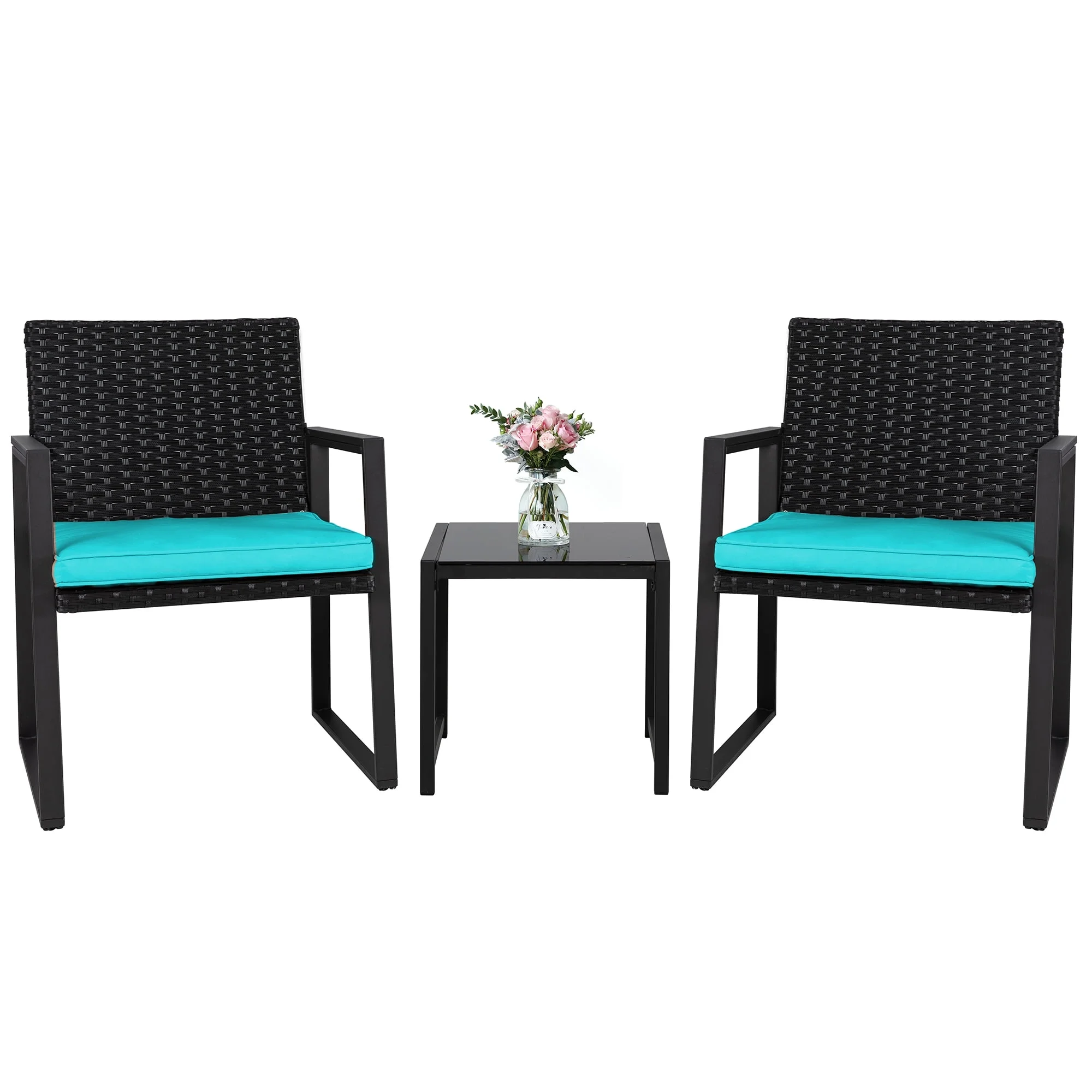 3 Piece Patio Bistro Sets, Outdoor Rattan Chairs & Black Wicker Furniture Conversation Set Blue