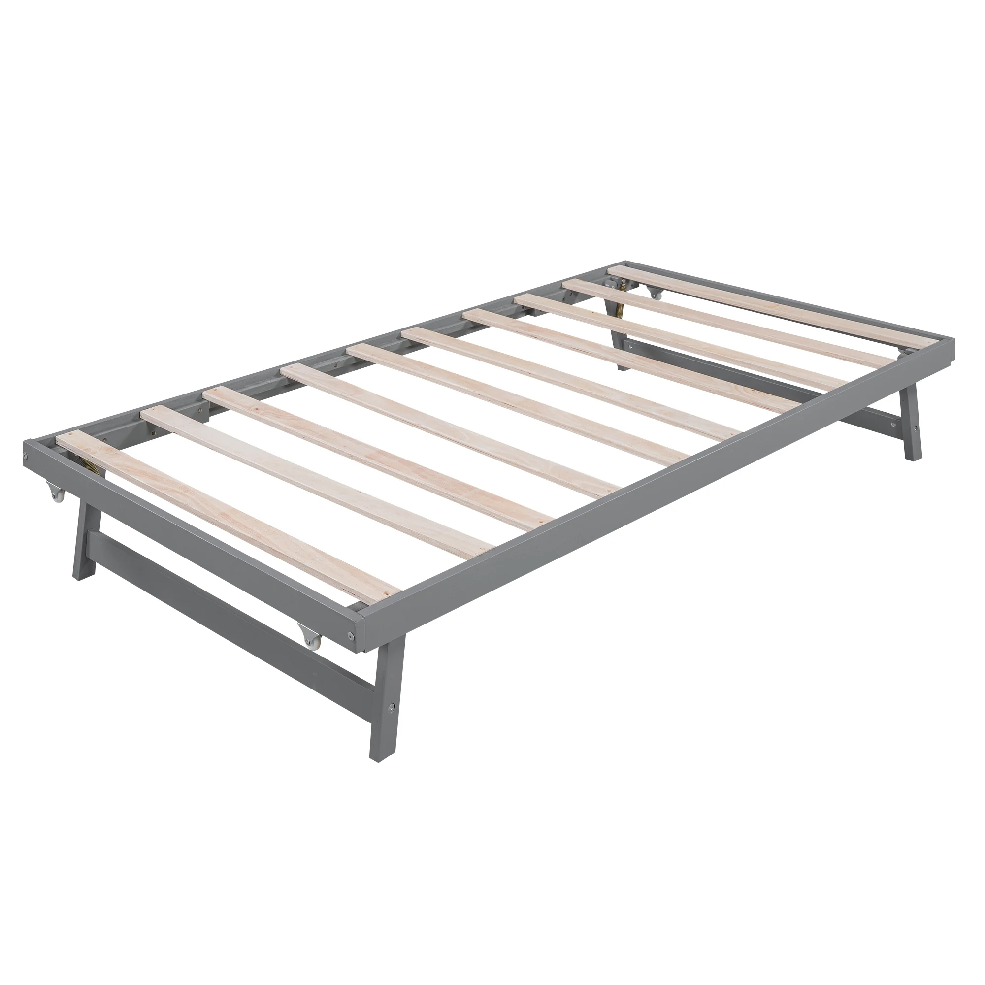 Euroco Wood Full Size Platform Bed with Trundle Frame Set, Wooden Bed Frame with Convertible Trundle Bed for Kids Teens Adulst, Gray