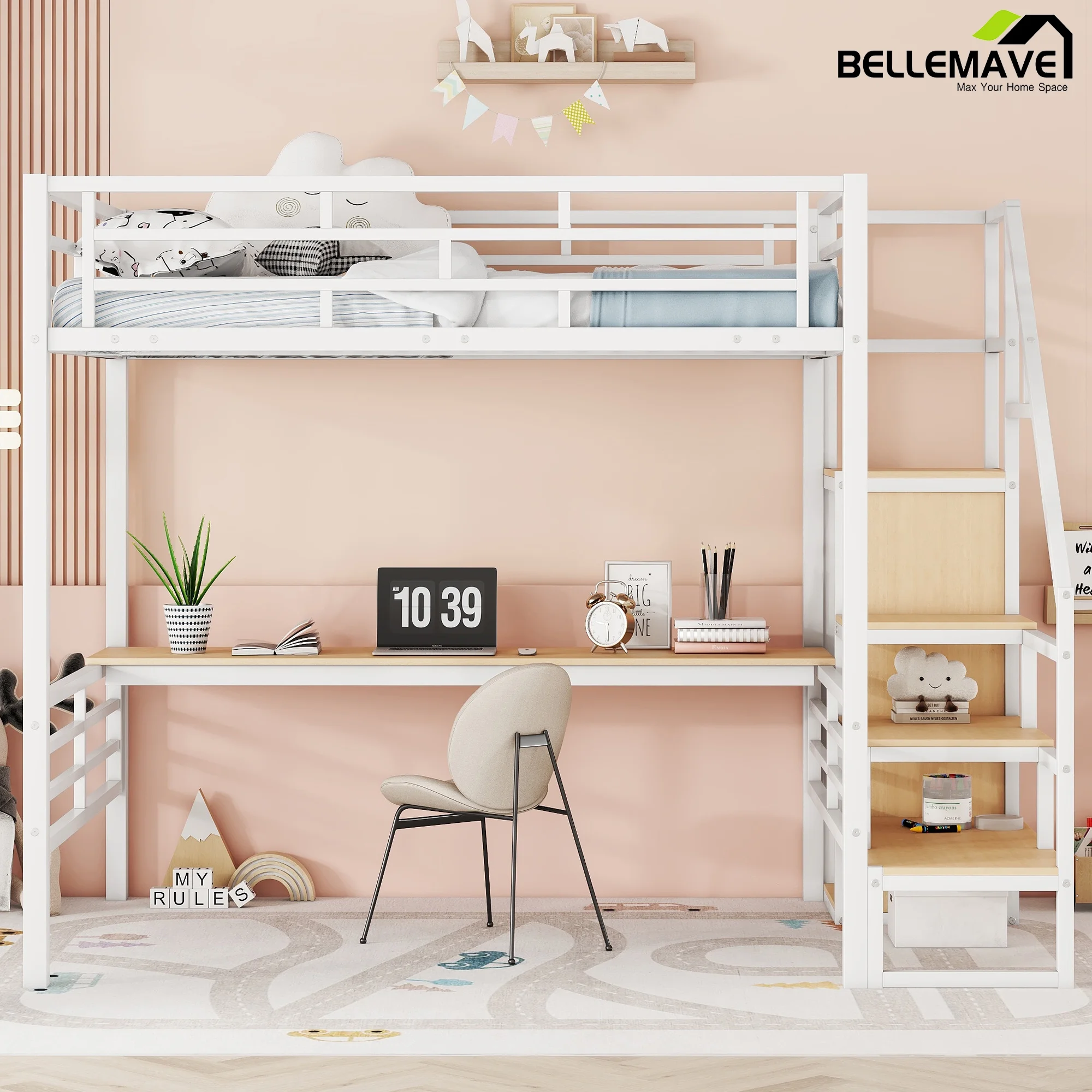 Bellemave Full Size Metal Loft Bed with Convertible Storage Staircase and Small Wardrobe, Heavy Duty Loft Bed Frame with Built-in Long Desk and Safety Guardrail for Kids,Teens, White