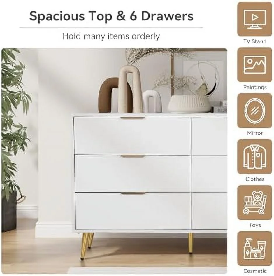 YFENGBO 6 Drawers Dresser for Bedroom White Long Dresser Organizers Chests of Drawers with  Wide TV Dresser Stand for up to 55" for Closet  Bedroom  Hallway  Entryway