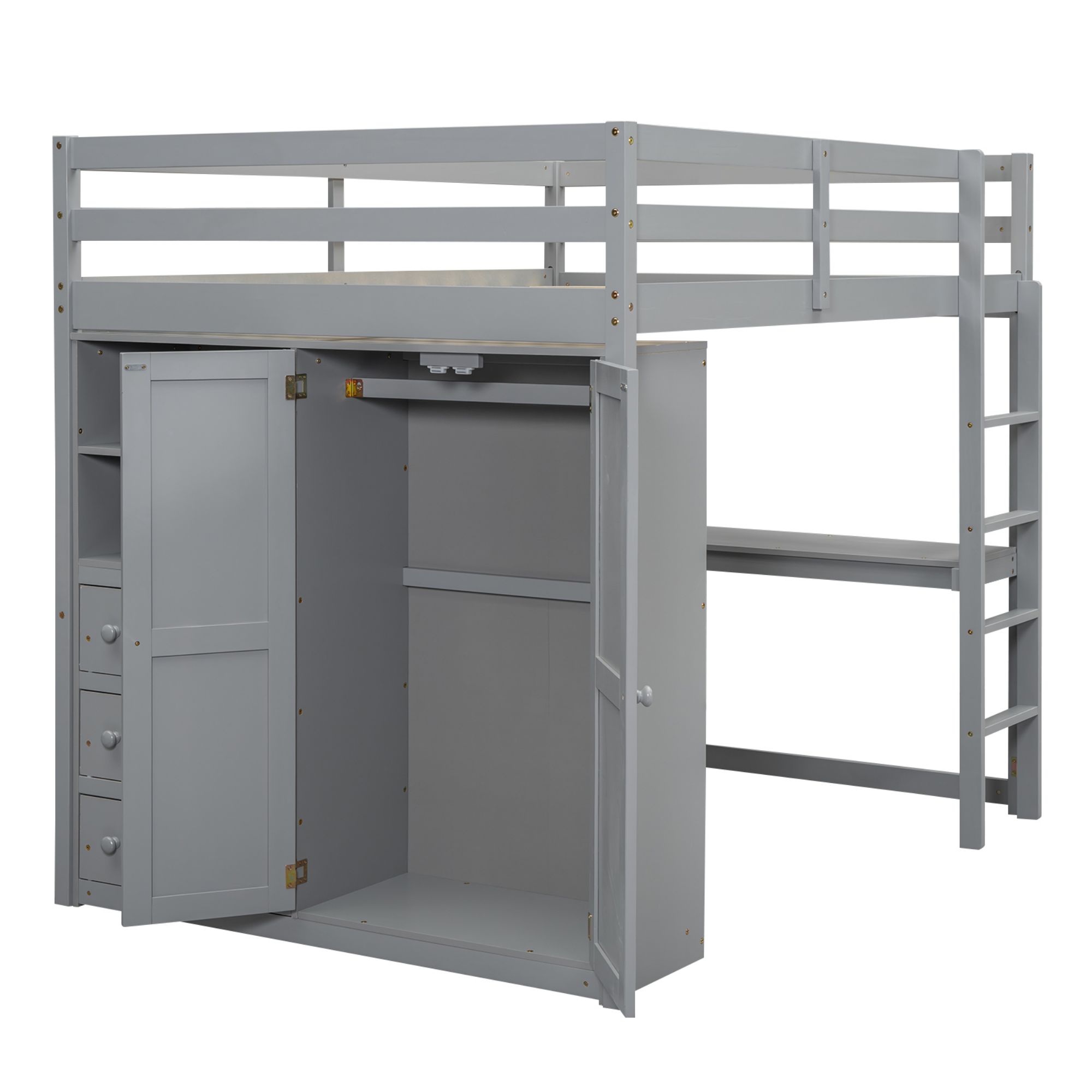 Full Size Loft Bed with Built-in Wardrobe, Desk, Storage Shelves and Drawers, Wooden Loft Beds Frame with Large Space, Wood High Loft Beds with Ladder(Gray, Full)