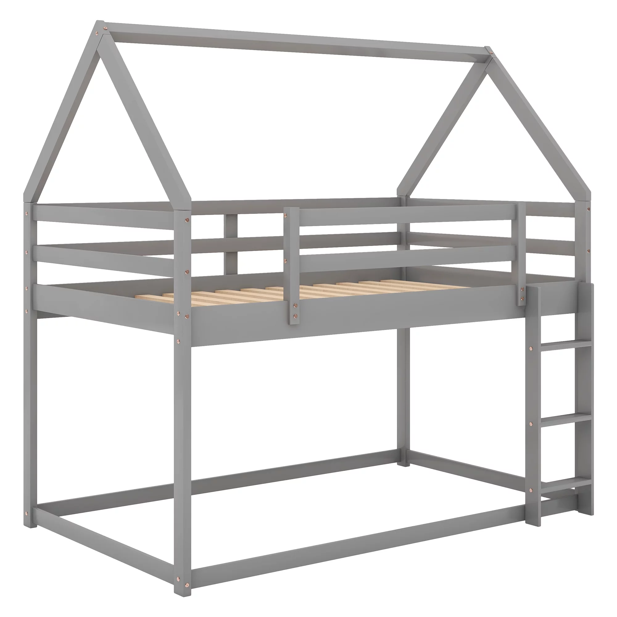 Euroco Twin over Twin House Bed, Low Bunk Bed for Kid's Room, Gray