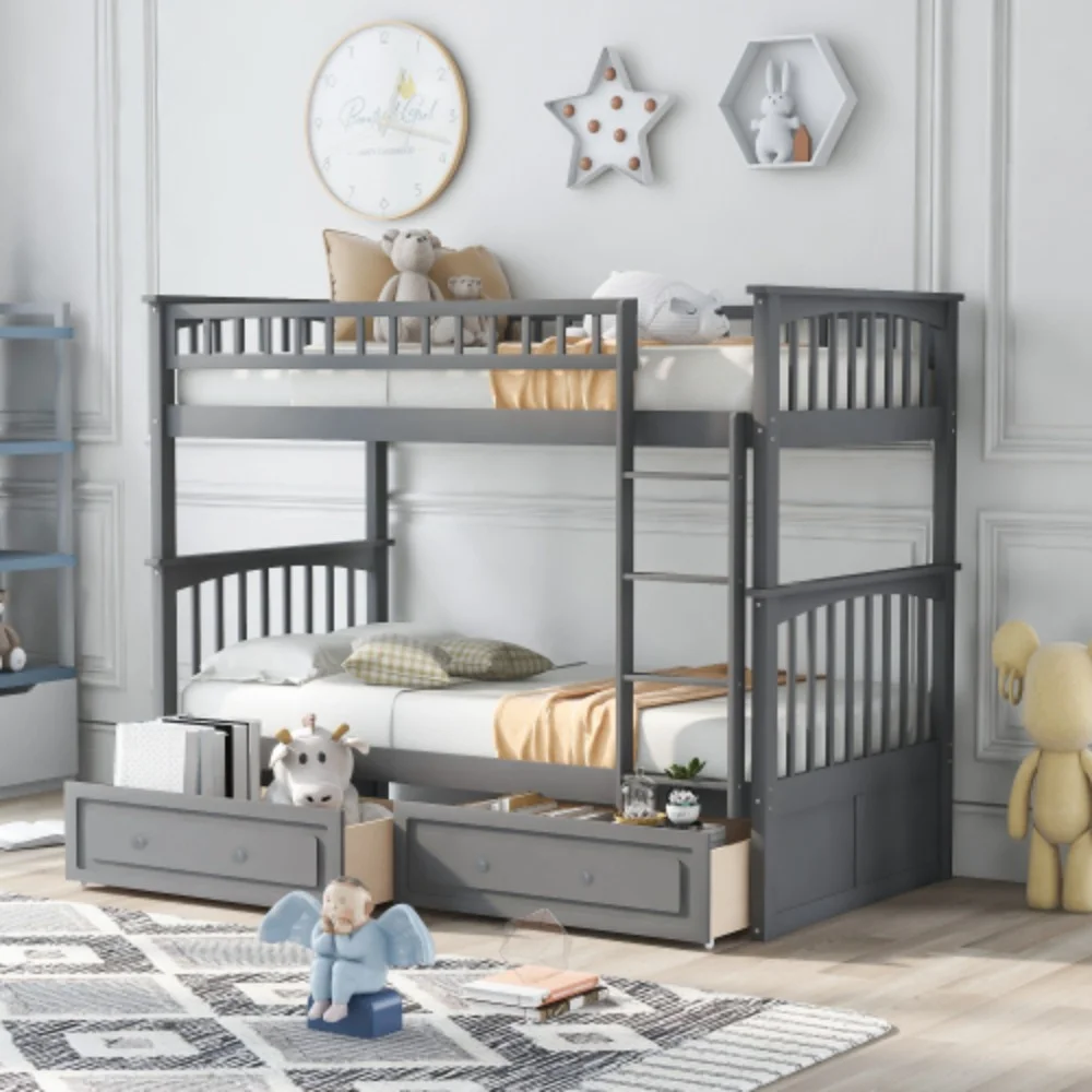 Twin over Twin Bunk Bed with Drawers, Convertible Beds, Gray  Gray + Pine