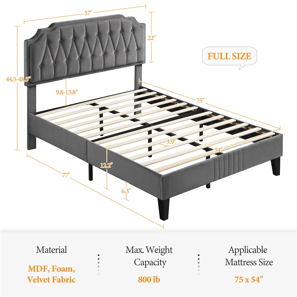 Easyfashion Upholstered Full Bed with Adjustable Headboard for Adult, Dark Gray