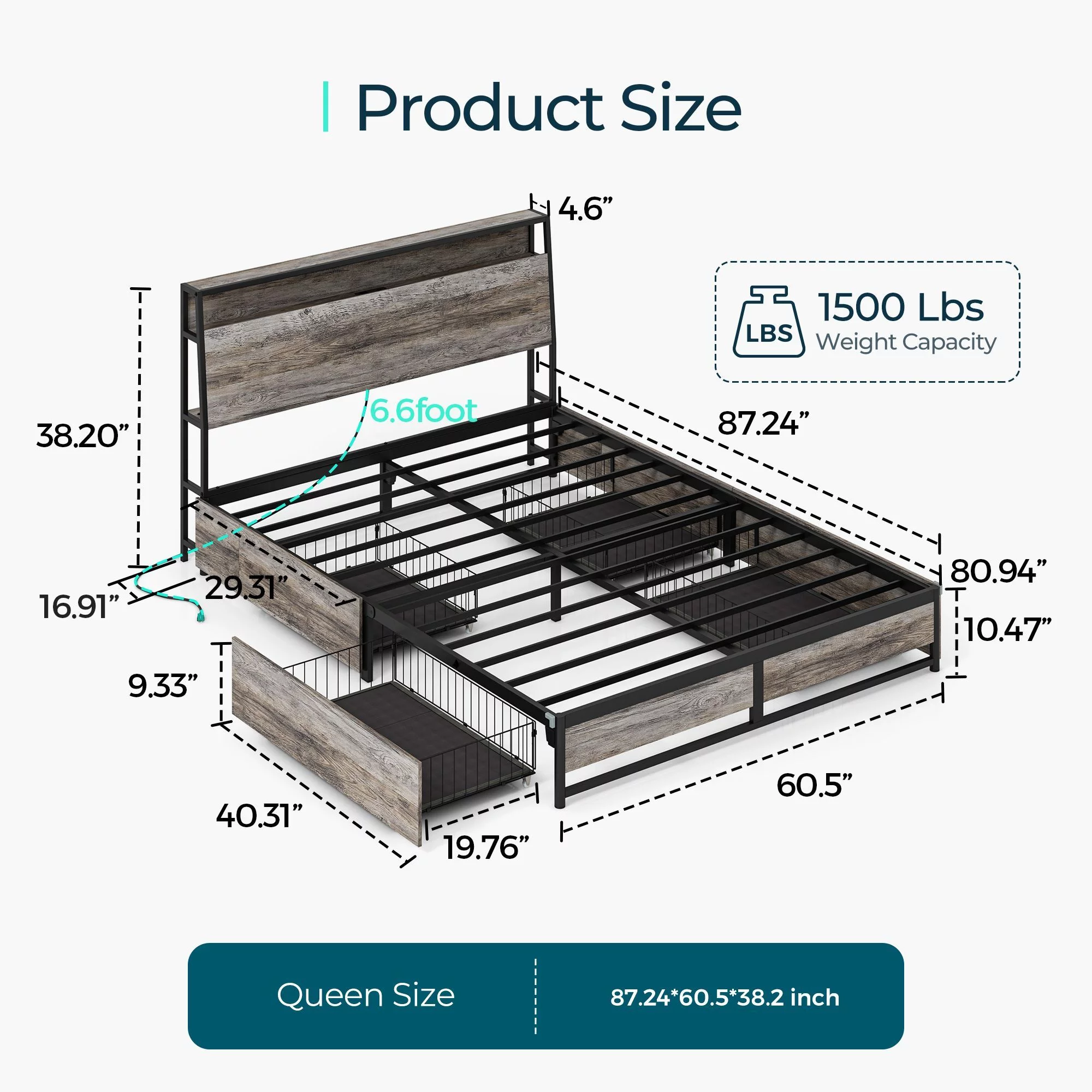 Linsy Home Queen Size Platform Bed Frame with Storage Headboard and 4 Storage Drawers, No Box Spring Needed, Light Grey