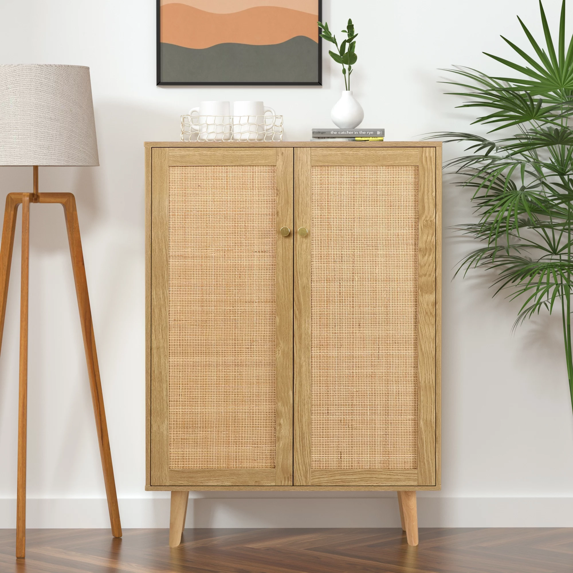 Eumyviv  Rattan Storage Cabinet with 2 Door, Farmhouse Sideboard Tall Storage Cabinet for Living Room Entryway, Oak H0030