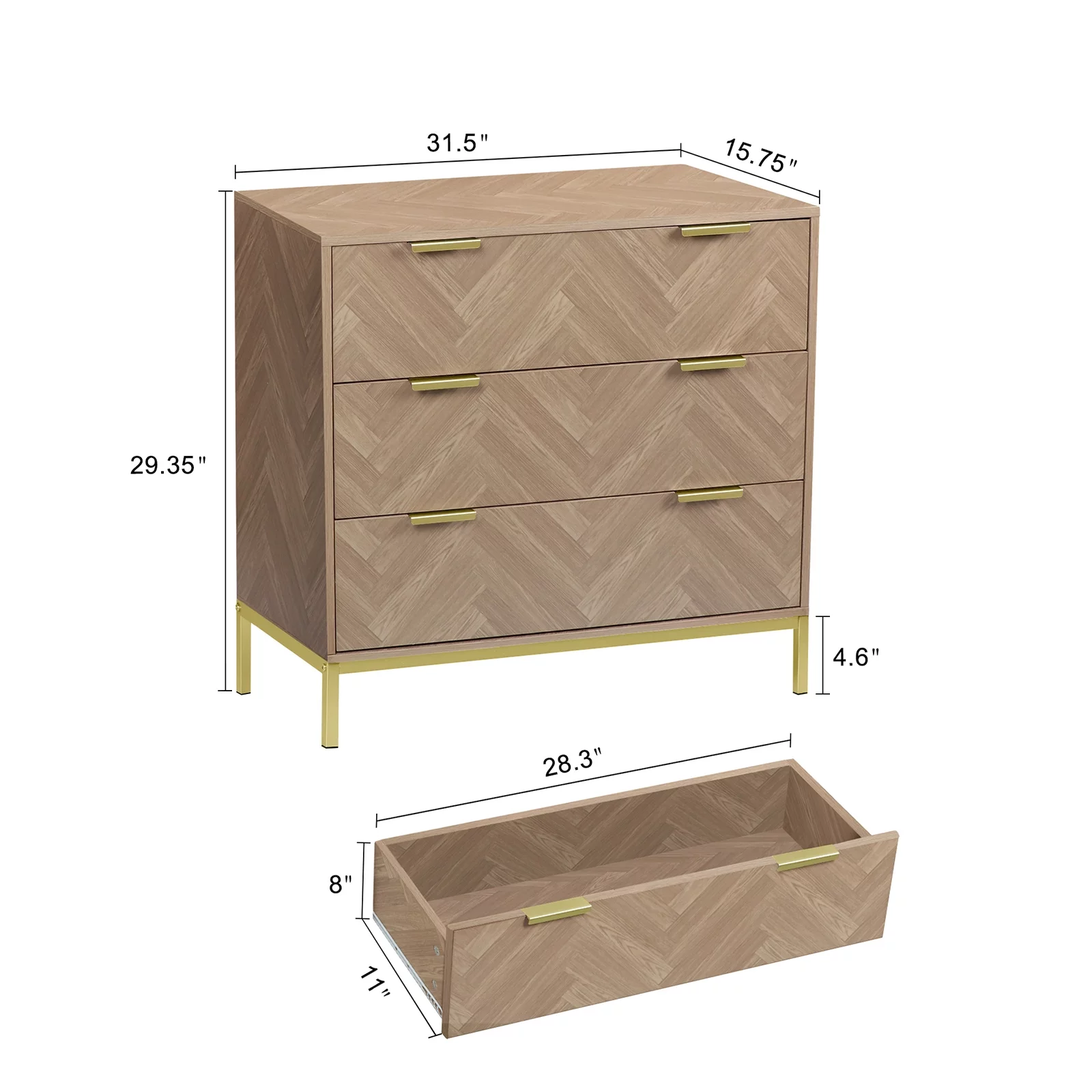 Eumyviv 3 Drawer Dresser, Oak Dresser Chest of Drawers Nightstand Storage Dresser for Living Room Bedroom Hallway, Oak H0037