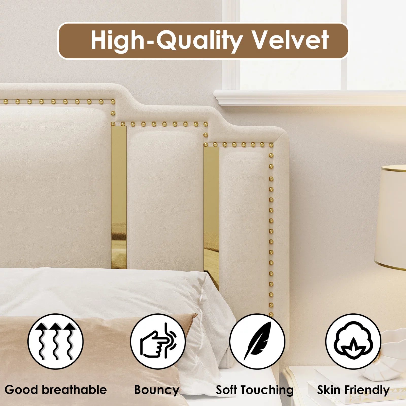 Homfa Full Bed Frame, Luxury Velvet Upholstered Headboard with Golden Iron Sheet & Rivets, Platform Bed with Adjustable Headboard, White
