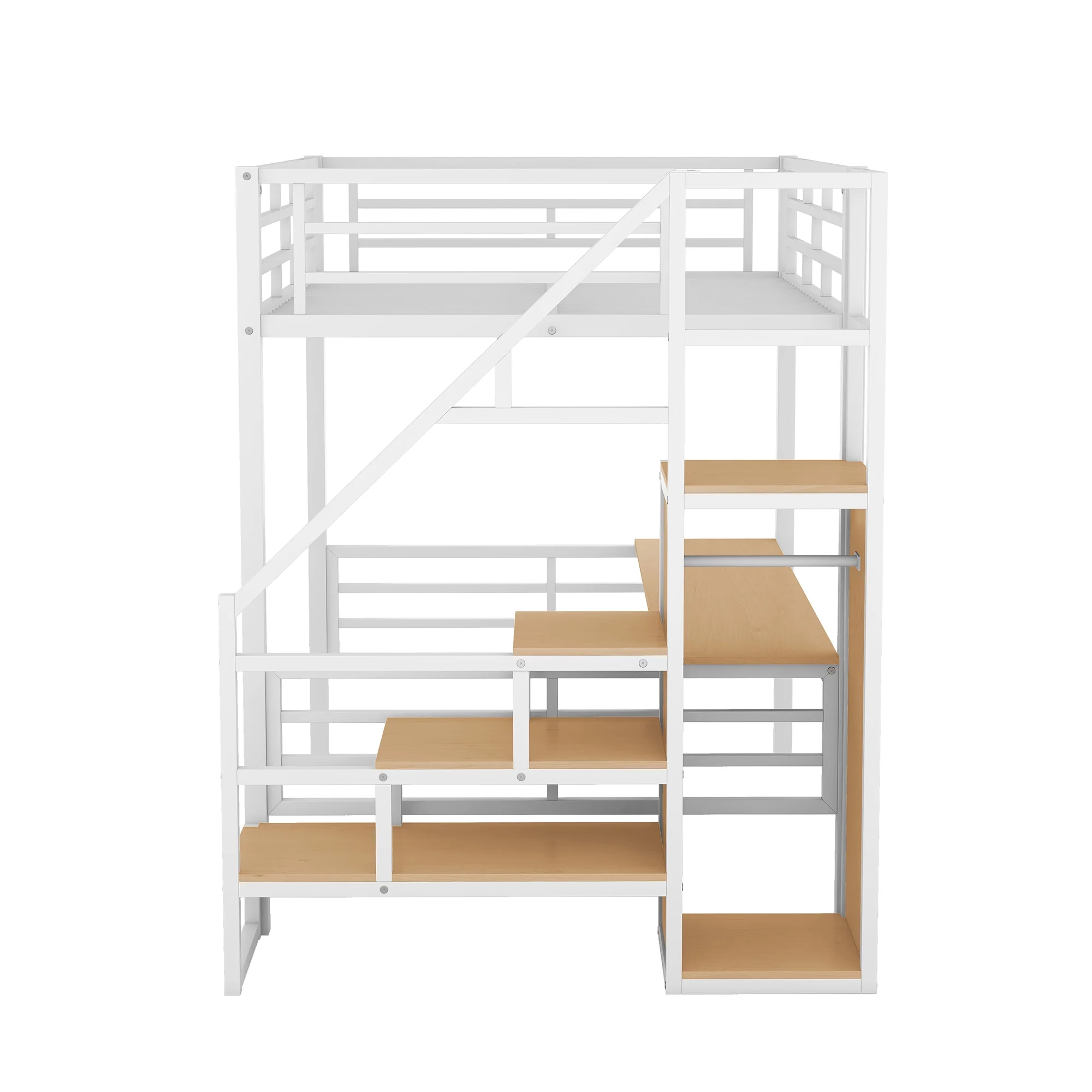 Bellemave Full Size Metal Loft Bed with Convertible Storage Staircase and Small Wardrobe, Heavy Duty Loft Bed Frame with Built-in Long Desk and Safety Guardrail for Kids,Teens, White