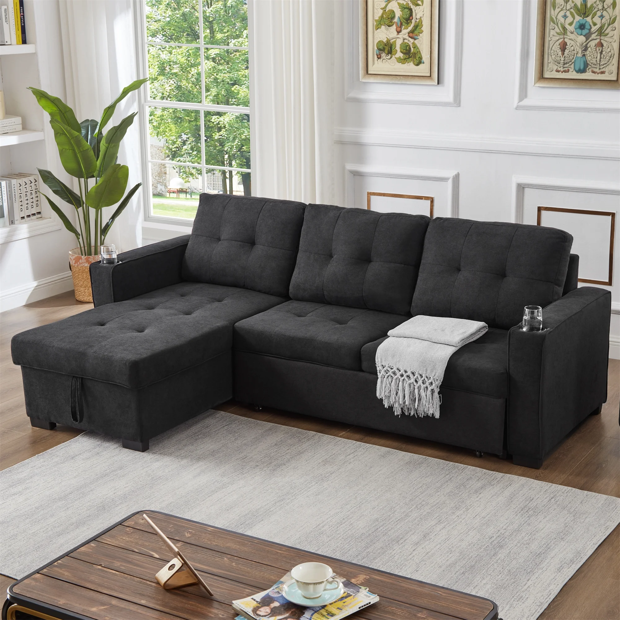 GEXPUSM Sleeper Sofa, Modern Convertible Black Sofa Bed with Pull Out Couch Bed, L Shaped Sofa with Storage Chaise, Linen Couches for Living Room