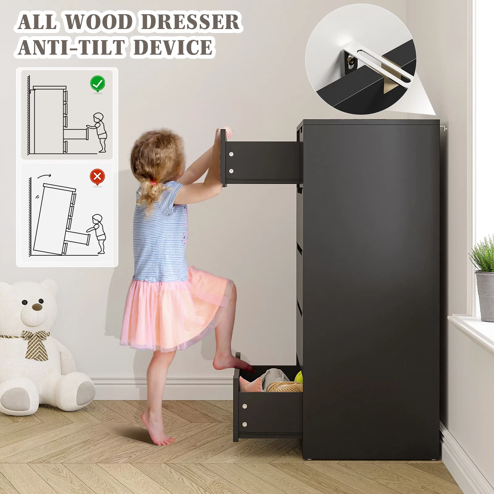 EnHomee Black Tall Dresser Wood 6 Drawer Dressers for Bedroom Wood Chest of Drawers with Smooth Metal Rail Large Dresser Modern Storage Cabinet for Home Office Living Room, 43.3