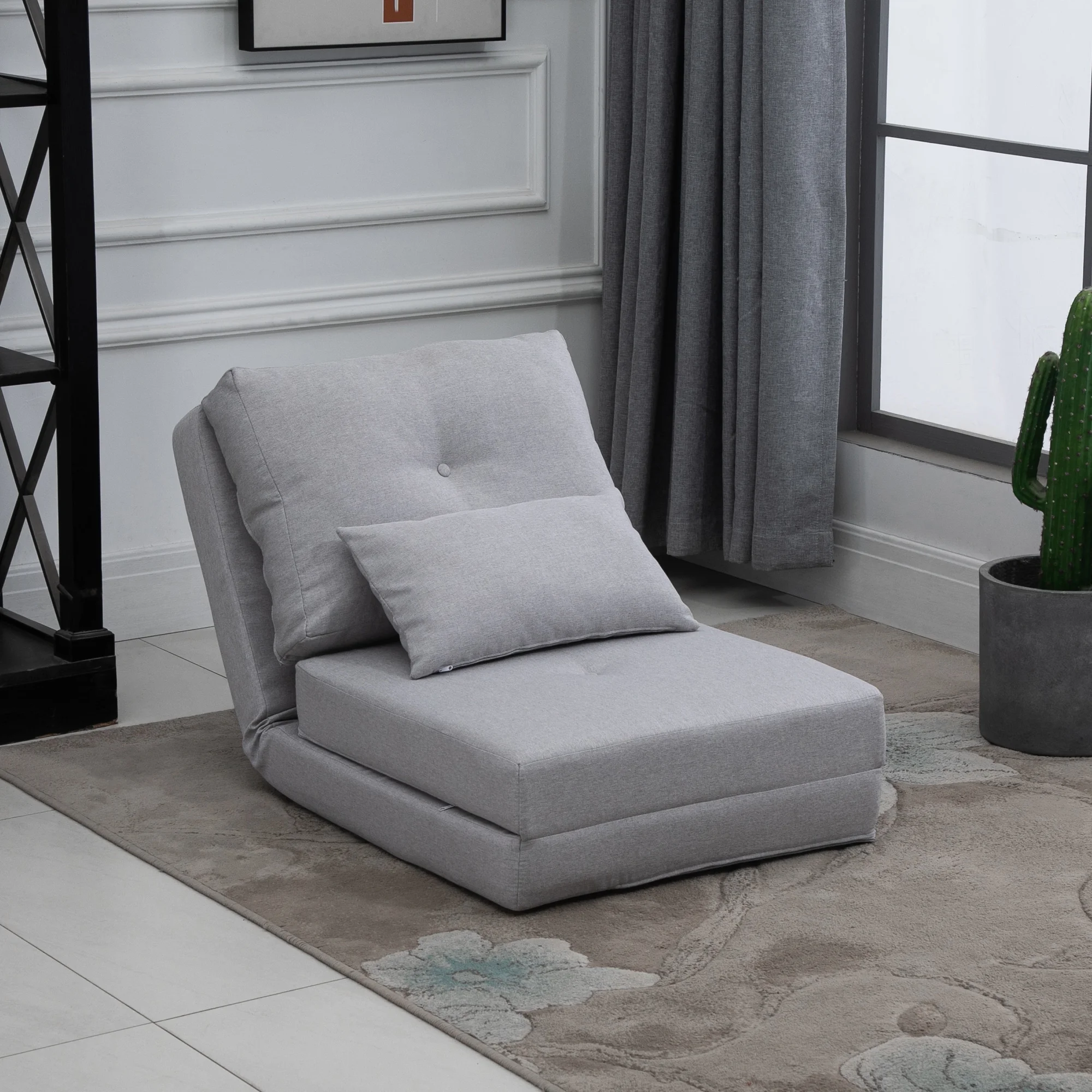 HOMCOM 2-in-1 Floor Adult Lazy Sofa Bed with 5 Position Adjustable Backrest, Light Gray