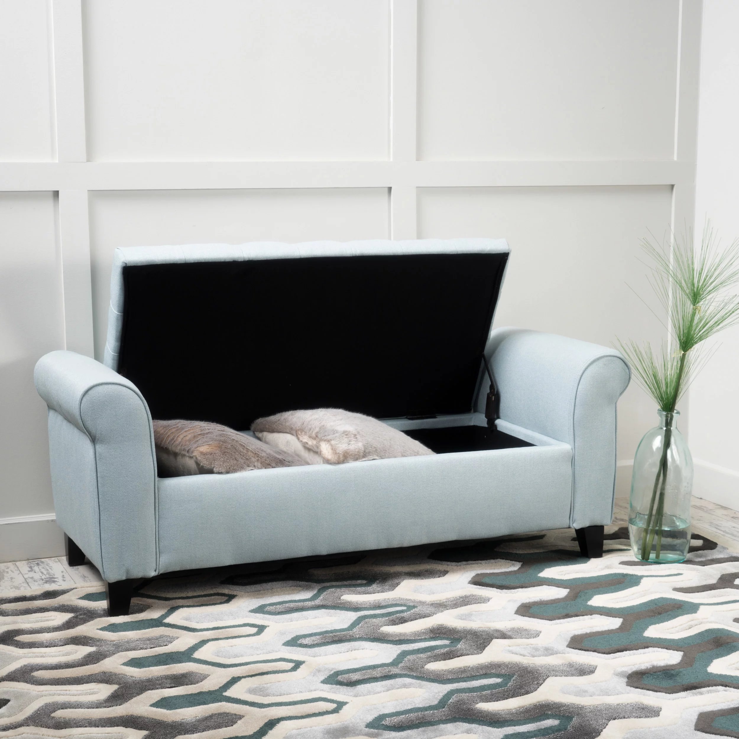 Noble House Sheffield Contemporary Rolled Arm Fabric Storage Ottoman Bench, Light Sky and Dark Brown