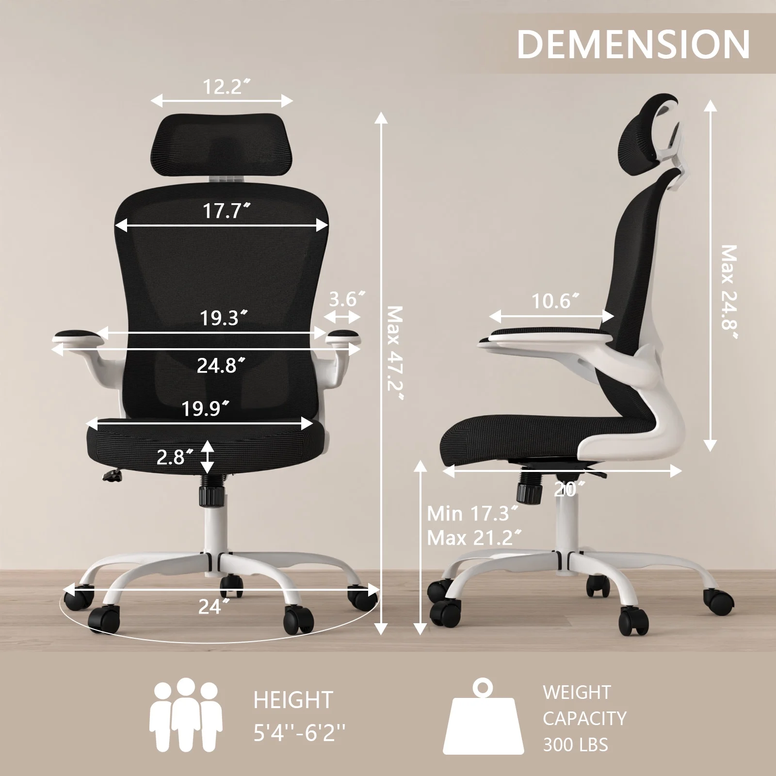 Lioncin High Back Ergonomic Desk Chair Office Chair, Breathable Mesh Desk Chair with Adjustable Lumbar Support and Headrest,White