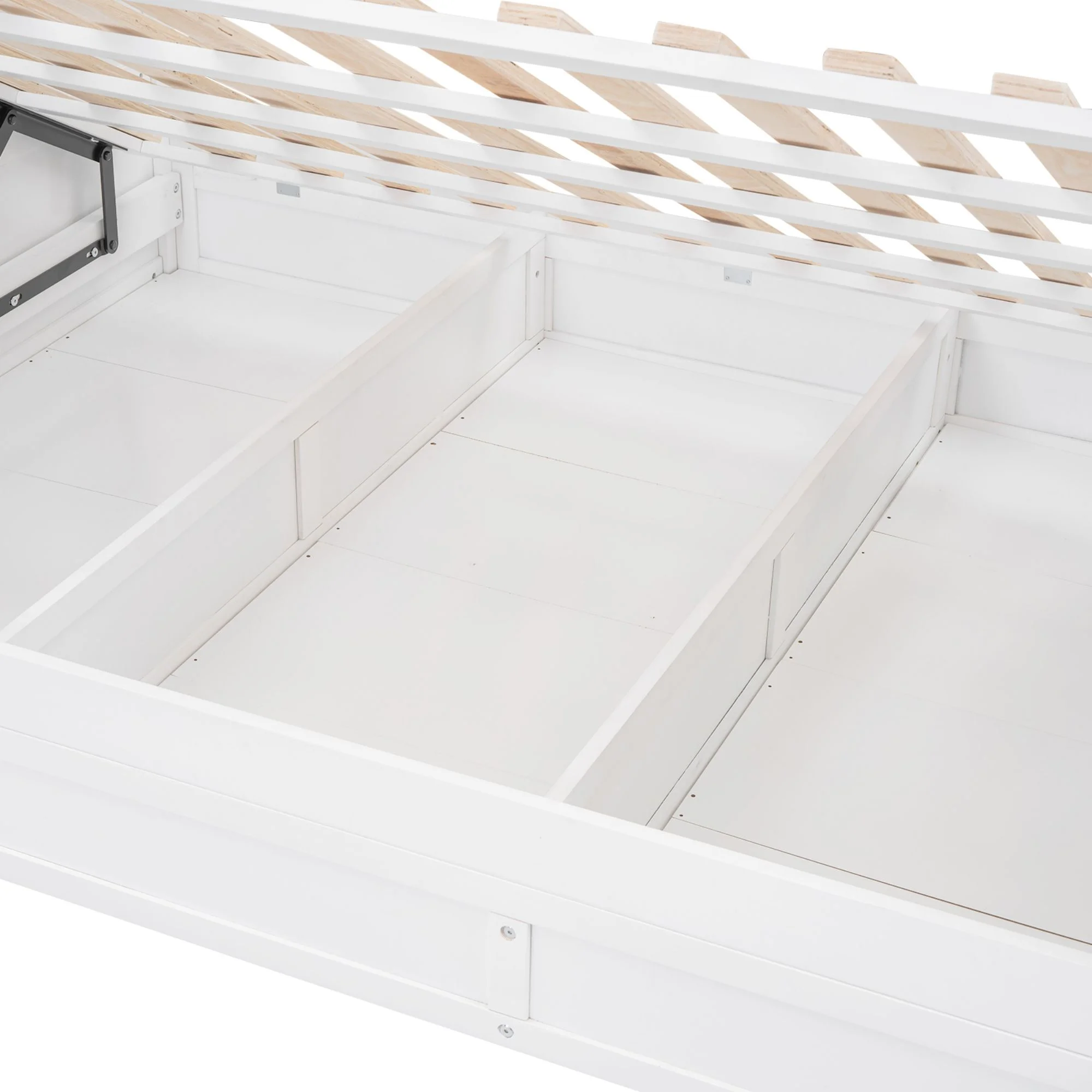 Twin over Full Bunk Bed with Ladder,Solid Wood Bunk Bed Frame with Safety Guardrail, Convertible into 2 Bed Bunk Beds with Hydraulic Lift Up Storage for Girls Boys Teens(White, Twin over Full)