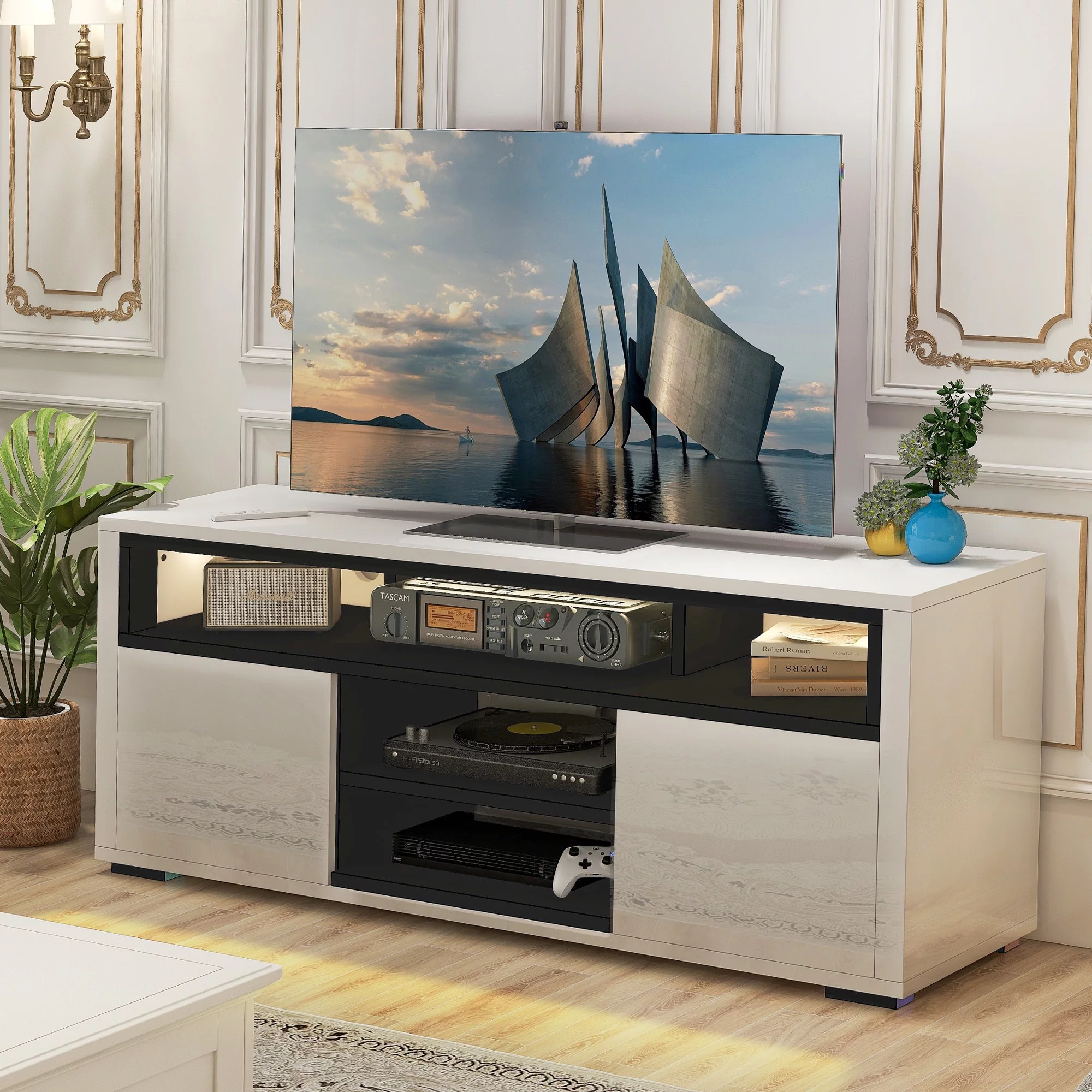 Dextrus High Gloss TV Stand with LED Ambient Lights, Modern TV Stand with Open Shelf Storage Cabinet for 62 inch TV, White