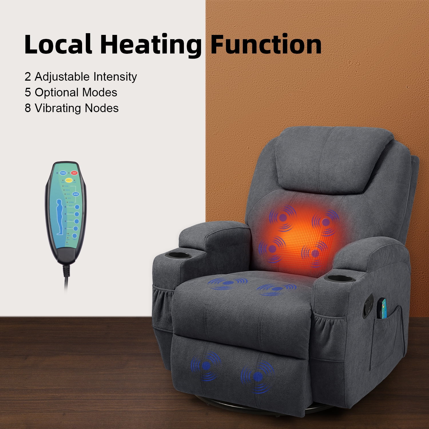 Lacoo massage chair with huge headrest and thick armrests, fabric,grey