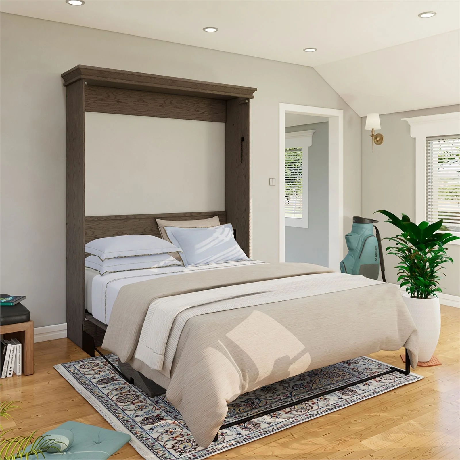 RoomAndLoft Windsor Queen Size Solid Wood Murphy Wall Desk Bed in Gray