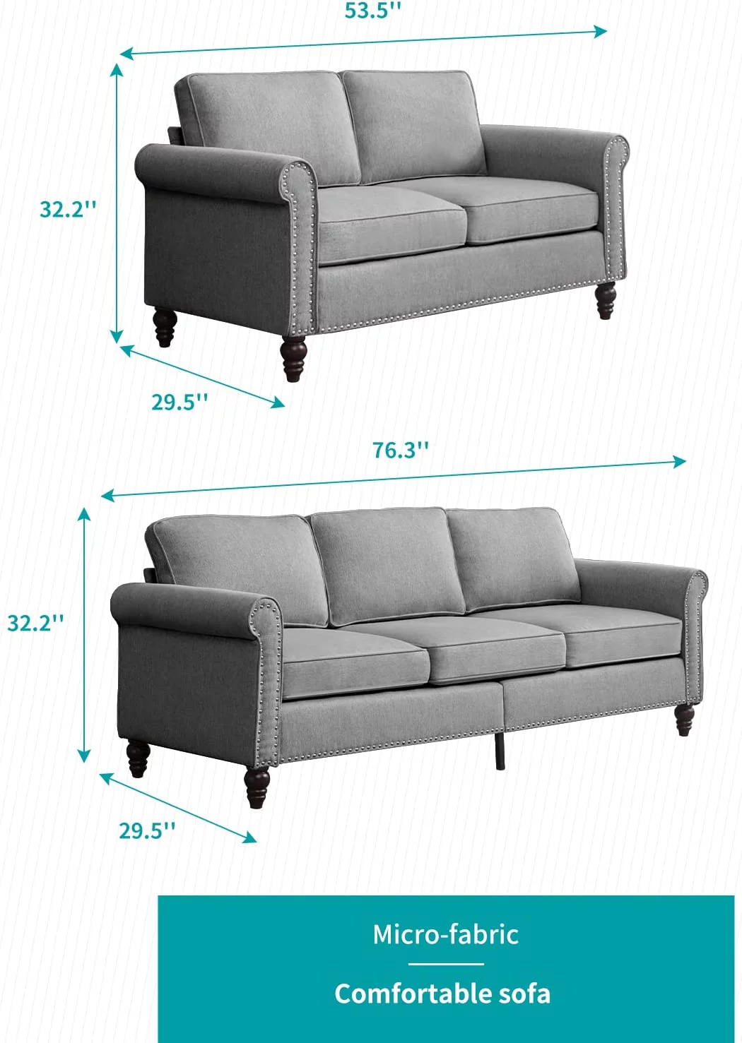 BALUS Living Room Furniture Set, 2 Piece Soft Sofa Couches Set with 5.9
