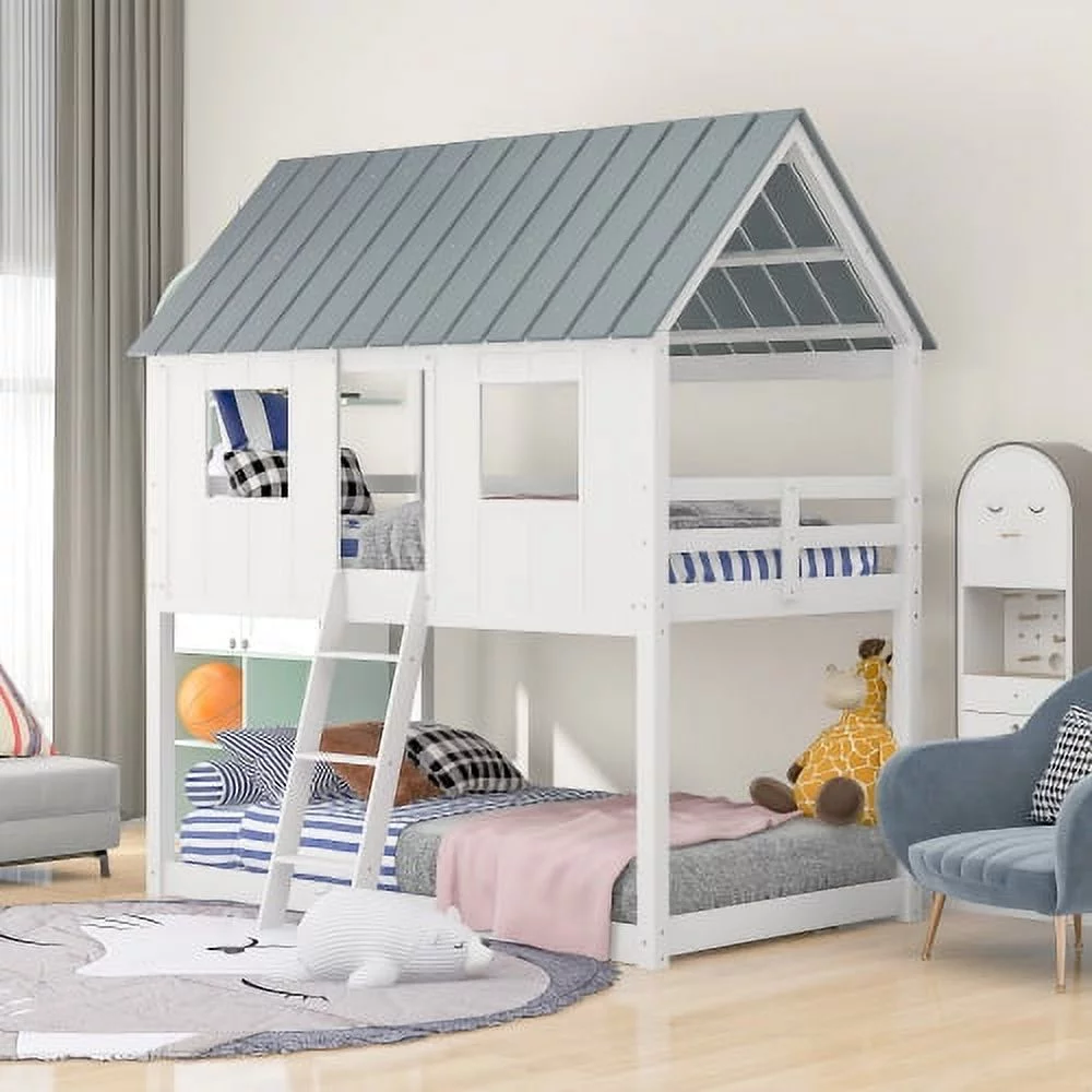 Saim House Bunk Beds with Slide, 79.6 Inches Long * 41.6 Inches Wide and 81.9 Inches High, Kids Bunk Bed with Roof, Slide Bunk Beds with Ladder for Girls, Boys, White White