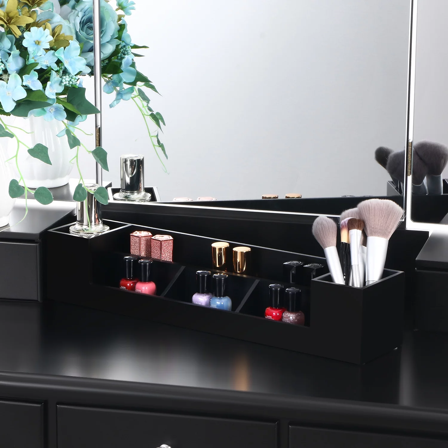 BEWISHOME Vanity Set with Lighted Mirror, Makeup Vanity with Tri-Folding Mirror 10 LED Bulbs, Black Vanity Desk Vanity Table with 5 Drawers 2 DIY Dividers, Cushioned Stool, Movable Organizer FST09H