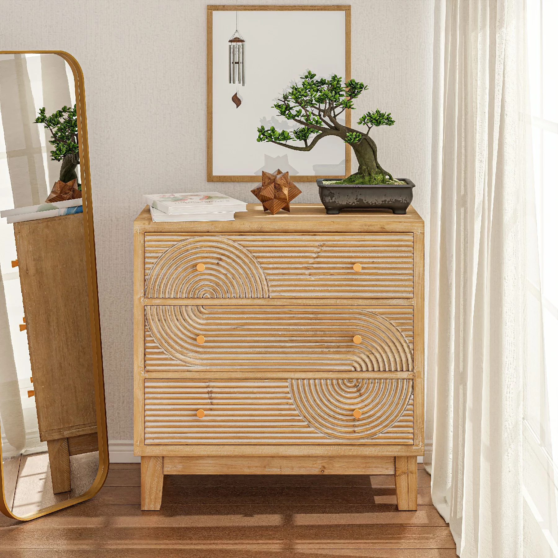 COZAYH 3-Drawer Farmhouse Dresser with Handicraft Wood Ring Motif, Fully Assembled Nightstand Wooden Finish for Boho, Mid-century, Rustic Style, Natural Wood