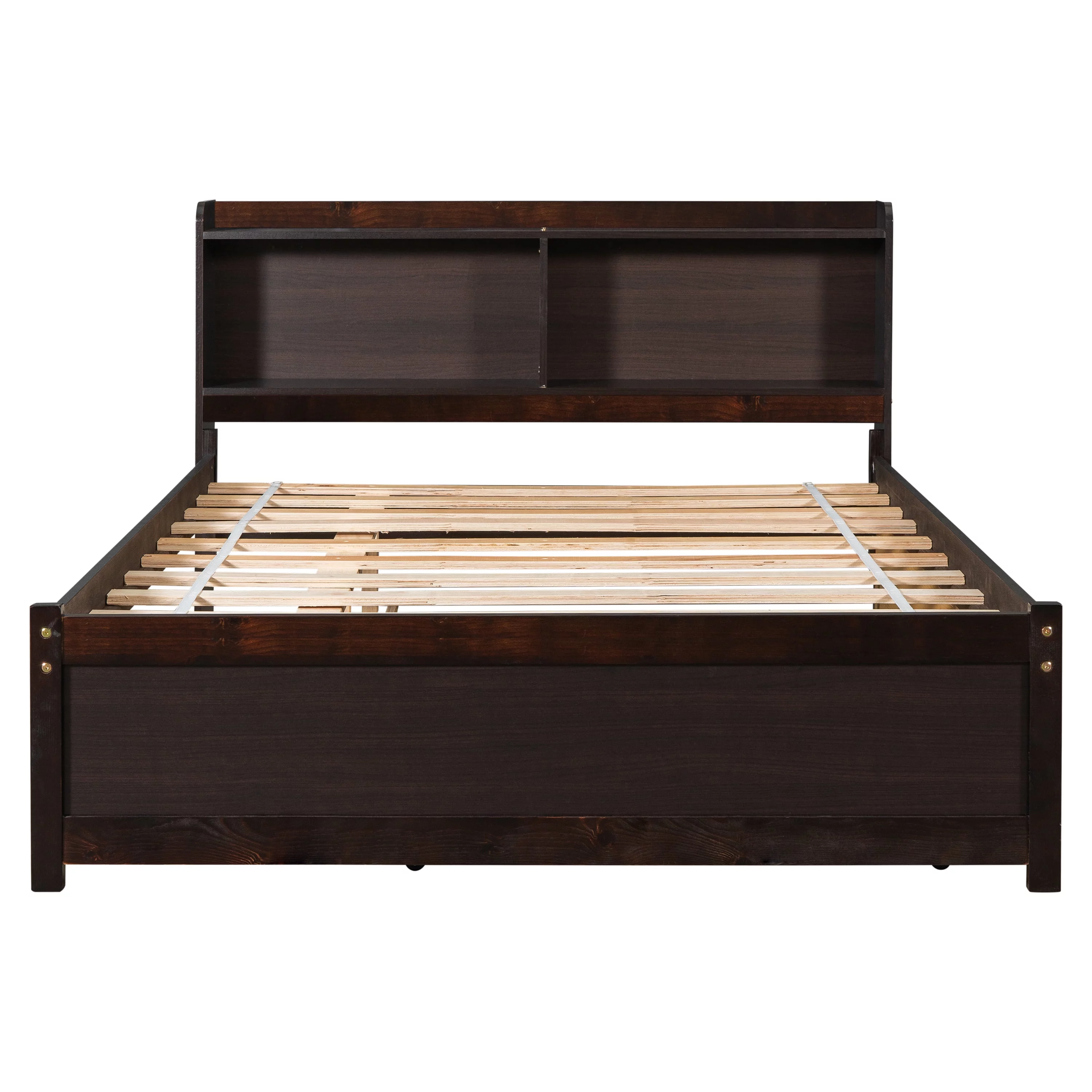 uhomepro Full Bed Frame with Bookcase Headboard and Trundle, Upgrade Pine Wood Platform Bed Frame for Kids, Modern Kids Bed Furniture for Bedroom, No Box Spring Needed, Espresso