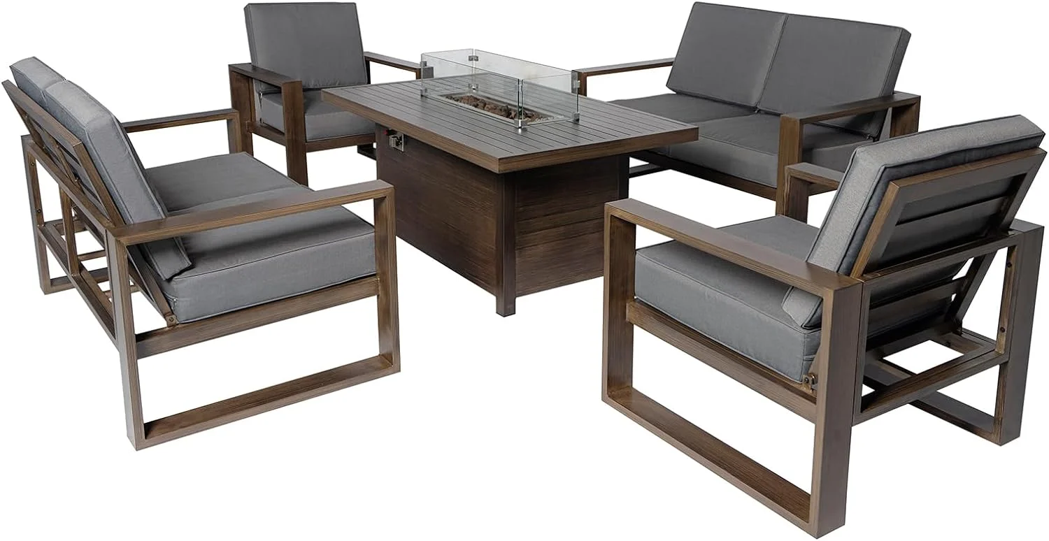 Aluminum Patio Furniture Set, 5 Pieces Outdoor Sectional Conversation Set with 55.12'' Fire Pit Table, Armchair and Loveseat, All-Weather Modern Seating Set for Backyard - 2 Armchair + 2 Loveseat