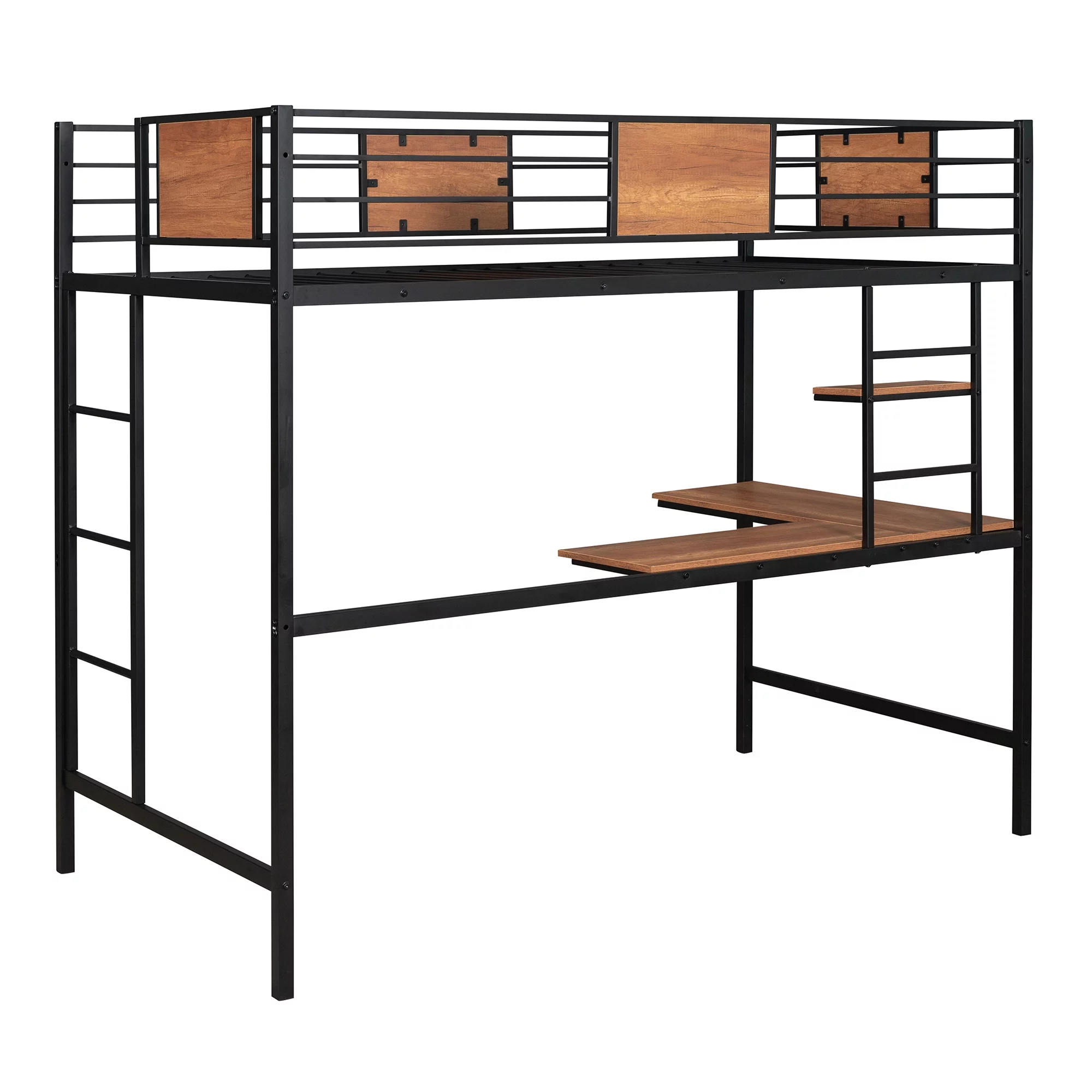 Bellemave Twin Metal Loft Bed with L-Shape Desk and Shelve,Sturdy Metal Loft Bed Frame with Guardrail for Kids,Teens, Black