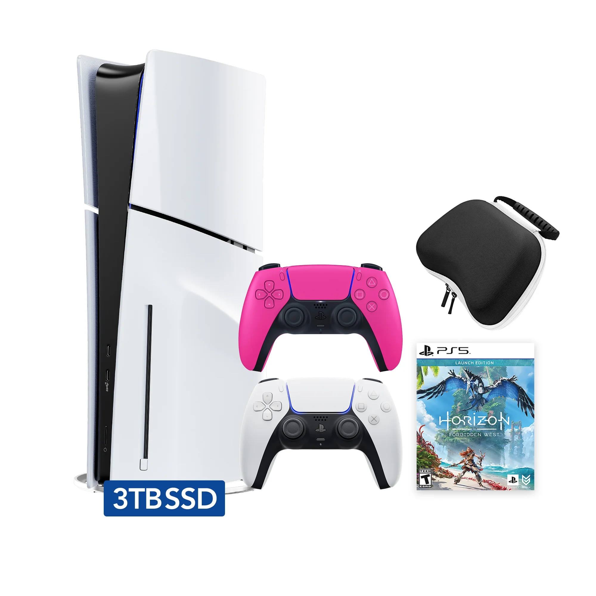 PlayStation 5 Slim Disc 3TB SSD Edition Horizon Forbidden West Bundle with Two Controllers White and Nova Pink DualSense and Mytrix Hard Shell Protective Controller Case - PS5 Gaming Console