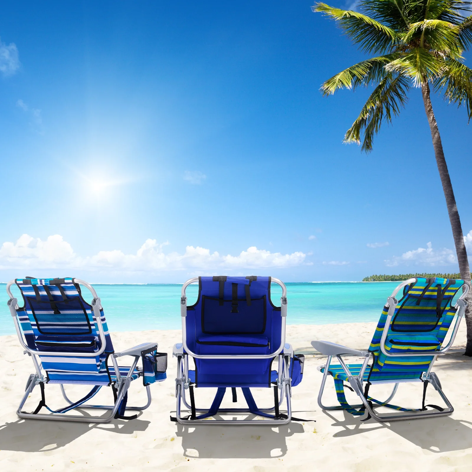 TSCOMON Beach Chair for Adults, 4 Position Portable Backpack Foldable Camping Chair with Headrest, Cup Holder, and Cooler Pouch (Blue,2 Pack)