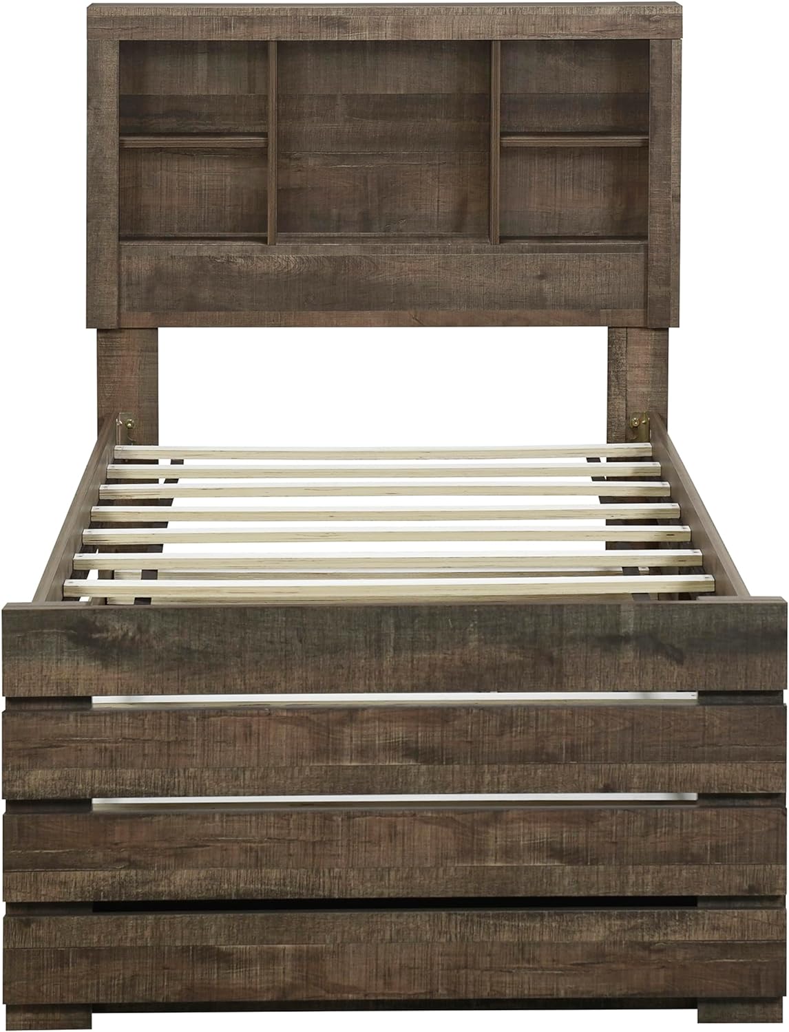 Farmhouse Style Twin Size Captain Platform Bed with Trundle,Wooden Bookcase Bedframe with 3 Spacious Under Bed Drawers in Casual for Bedroom/Guestroom
