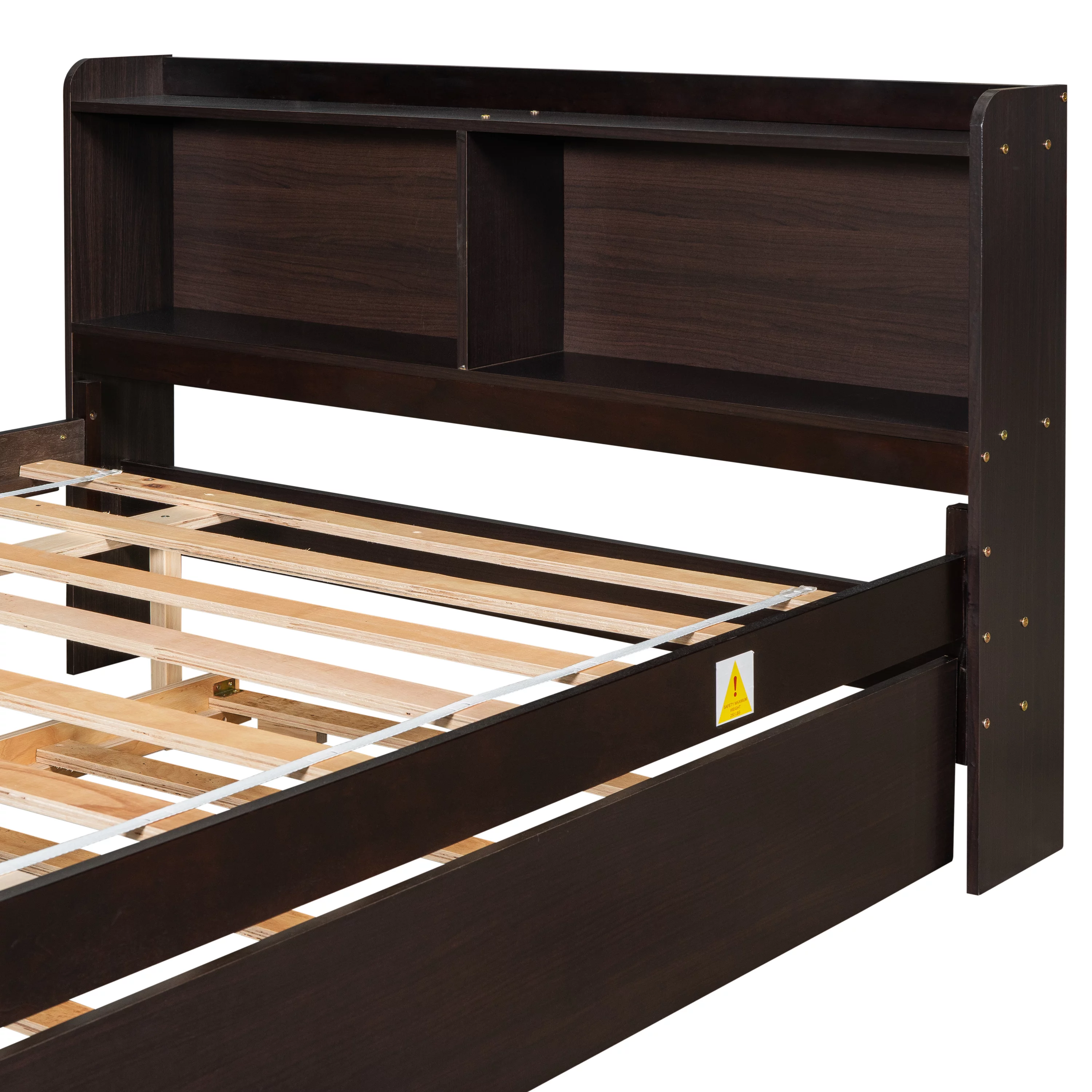 uhomepro Full Bed Frame with Bookcase Headboard and Trundle, Upgrade Pine Wood Platform Bed Frame for Kids, Modern Kids Bed Furniture for Bedroom, No Box Spring Needed, Espresso