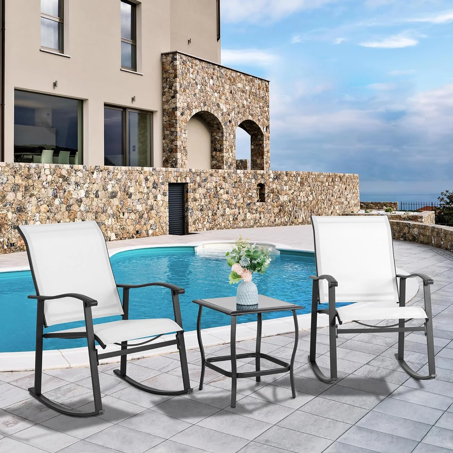 Vongrasig 3 Piece Outdoor Rocking Bistro Set, Textilene Fabric Small Patio Furniture Set, Front Porch Rocker Chairs Conversation Set with Glass Table for Lawn, Garden, Balcony, Poolside (White)