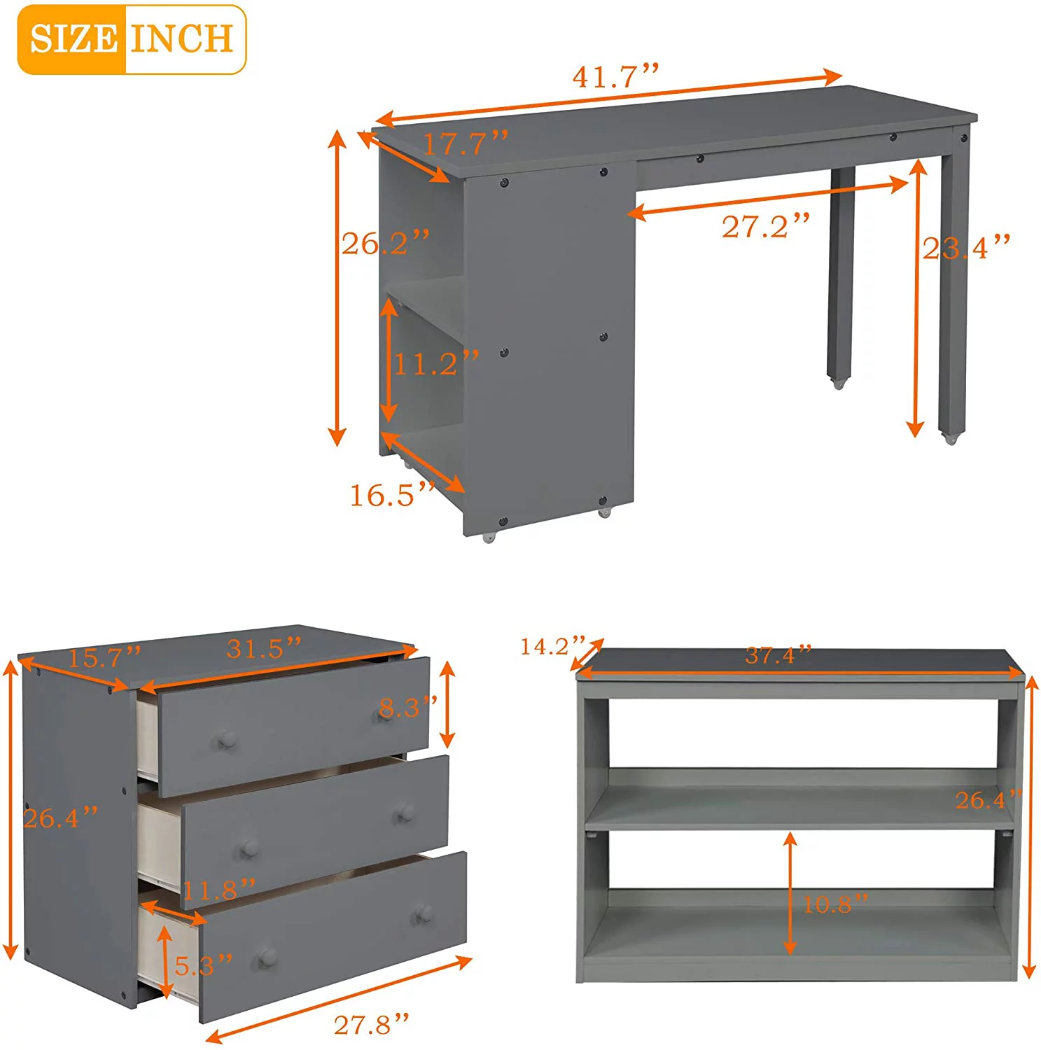 CHURANTY Solid Wood Twin Low Loft Bed with Desk and Storage Drawers Cabinet Rolling Portable Desk