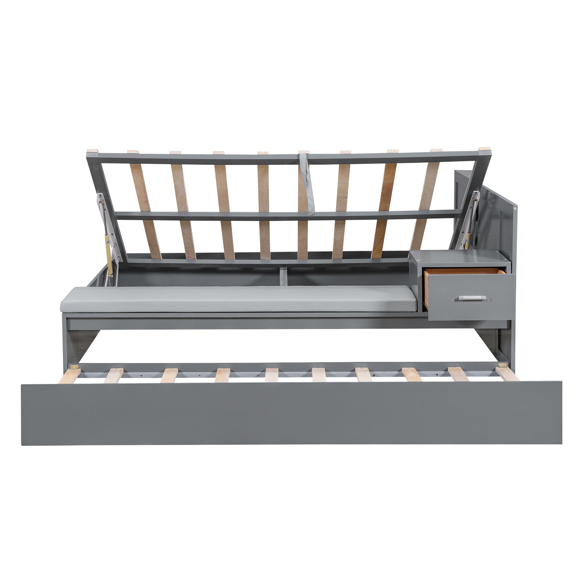 Full Size Solid Storage Hydraulic Wood Bed Frame with Twin Size Trundle, Side Table and Lounge, Platform Bed Frame, Mid Century Bedframe, Wood Foundation(Gray, Full)