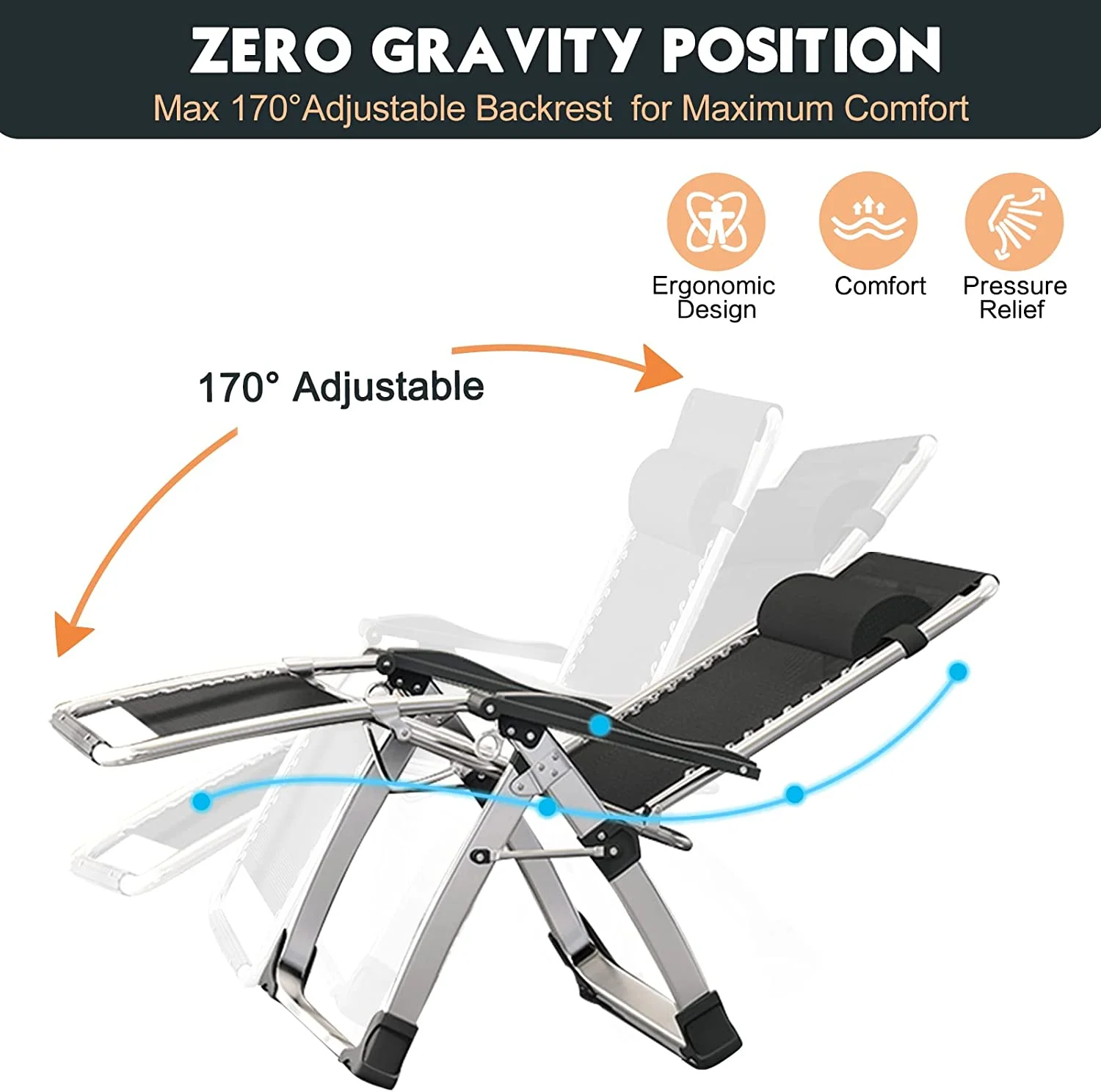 Slsy Zero Gravity Chair with with 2 Sided Cushion & Headrest, Lawn Recliner, Reclining Patio Lounger Chair, Folding Portable Chaise with Cup Holder