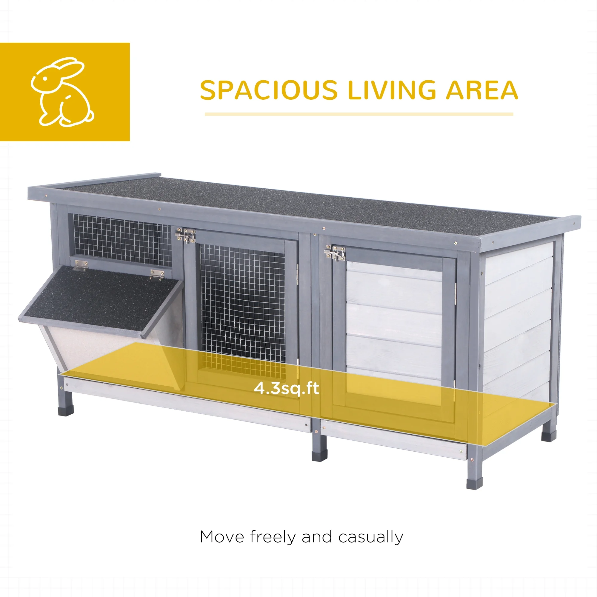 PawHut Wooden Rabbit Hutch Bunny Hutch Cage Guinea Pig with Waterproof Roof, No Leak Tray and Feeding Trough, Indoor/Outdoor, Gray