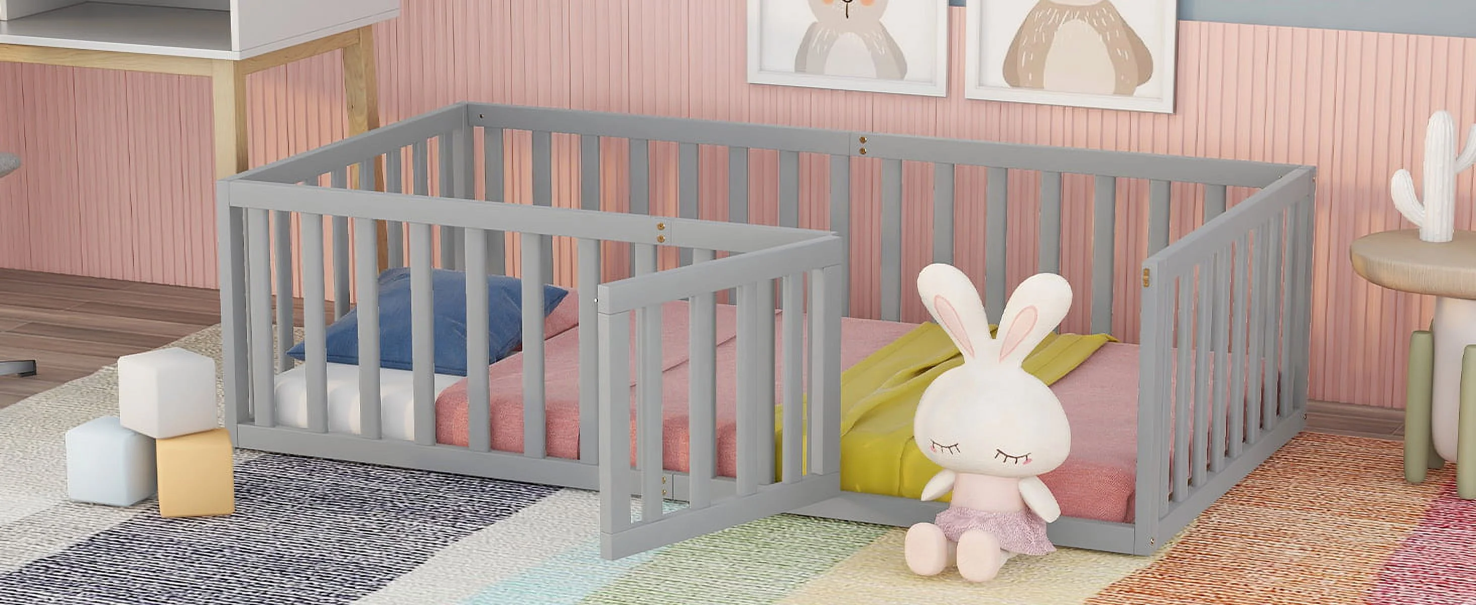 Wood Floor Bed with Fence and Door for Kids, Twin, Gray