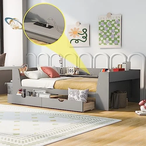 LLBIULife Harper & Bright Designs Twin Daybed with  Drawers  Shelves and Built-in Charging Station  Wood Twin  Bed Frame  for Bedroom Living Room (Twin Size  White)