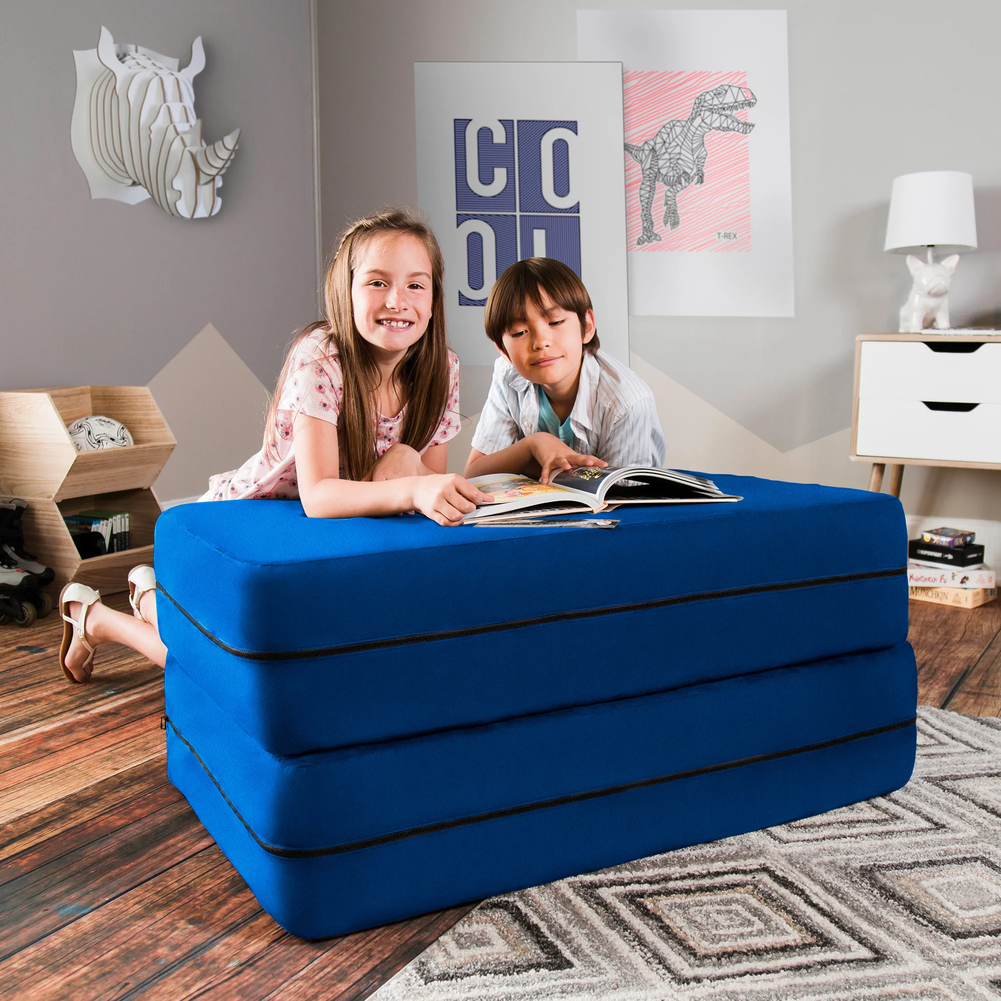 Jaxx Zipline Sofa Large Ottoman 3 in 1 Fold Out Big Kids Edition, Blueberry