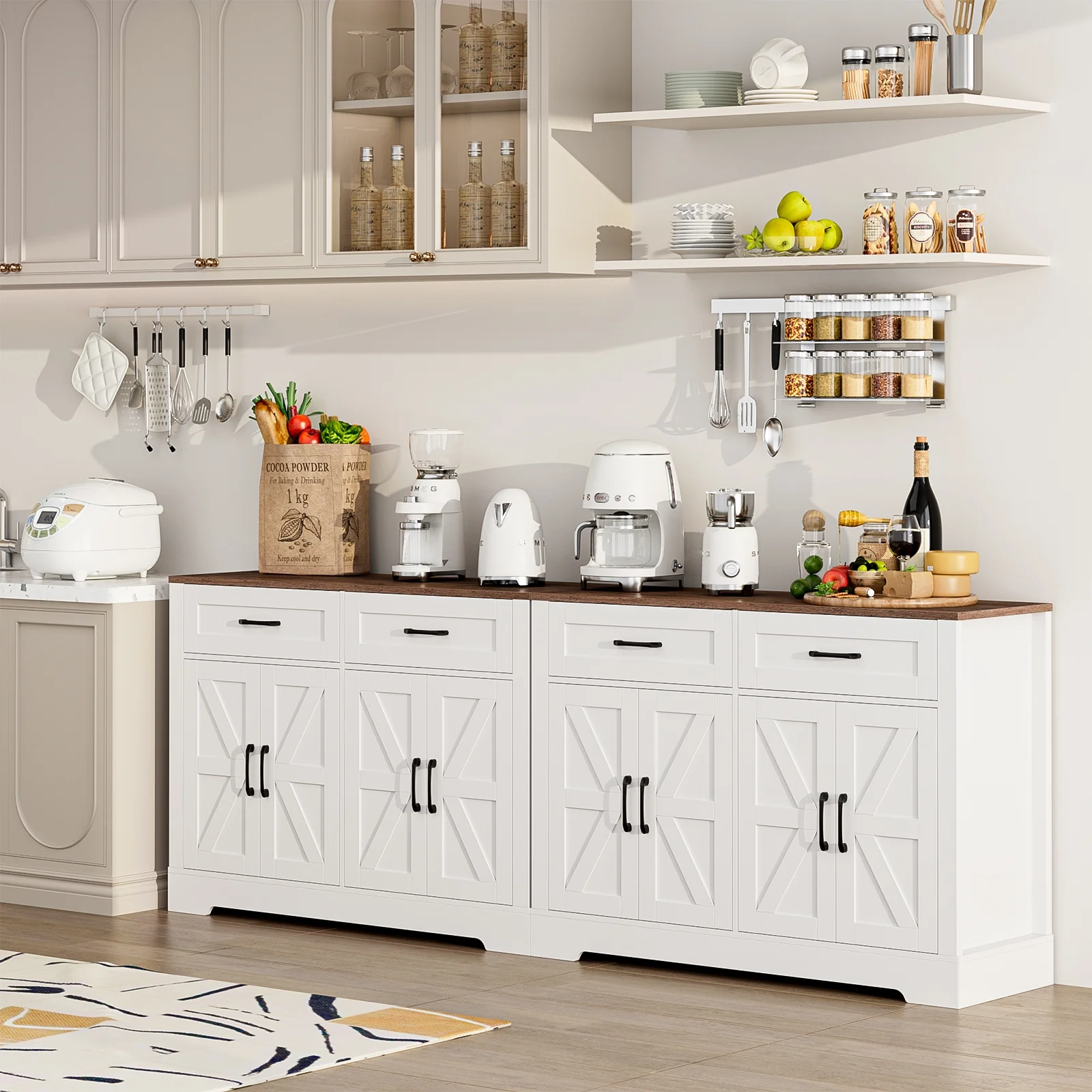 Homfa Farmhouse Buffet Sideboard, 2 Drawers & 4 Doors Shelf Space Wood Storage Cabinet Credenza for Kitchen Living Room, White