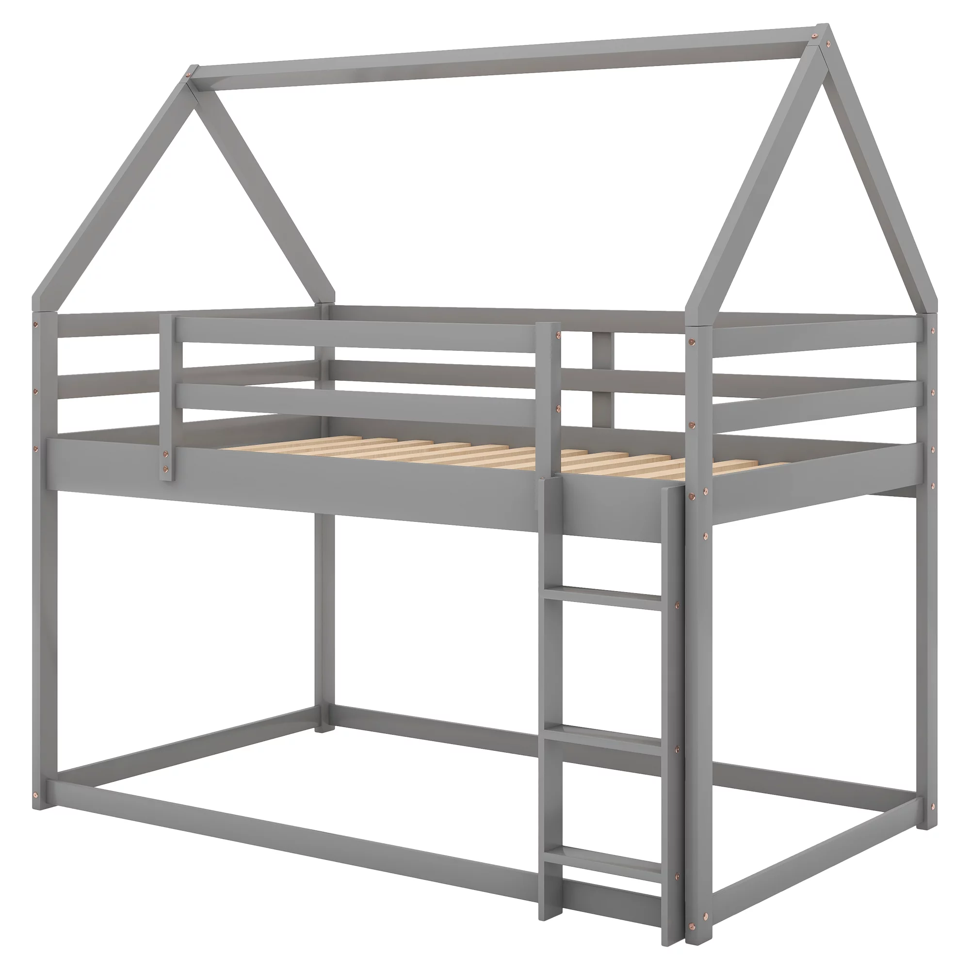 Euroco Twin over Twin House Bed, Low Bunk Bed for Kid's Room, Gray
