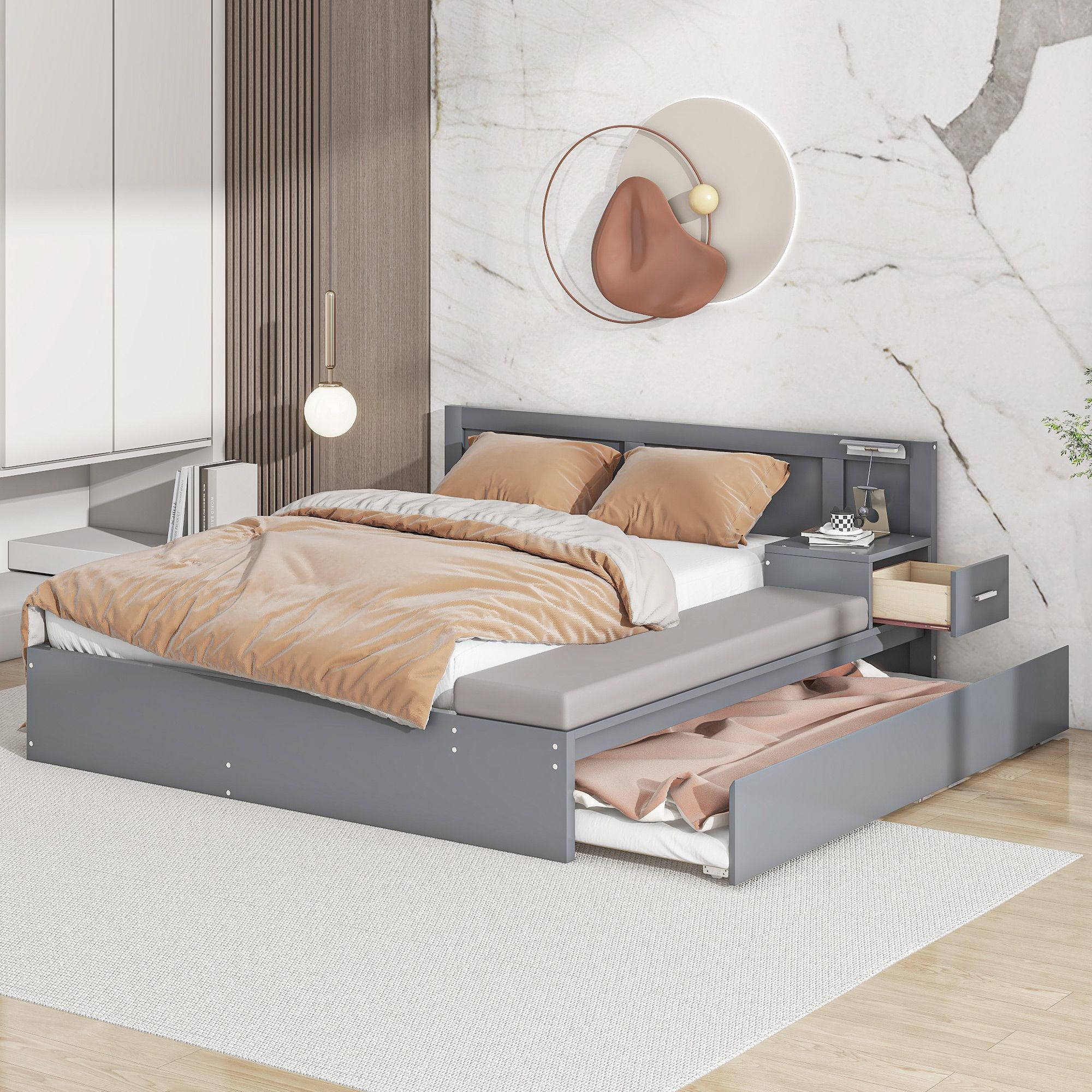Full Size Solid Storage Hydraulic Wood Bed Frame with Twin Size Trundle, Side Table and Lounge, Platform Bed Frame, Mid Century Bedframe, Wood Foundation(Gray, Full)